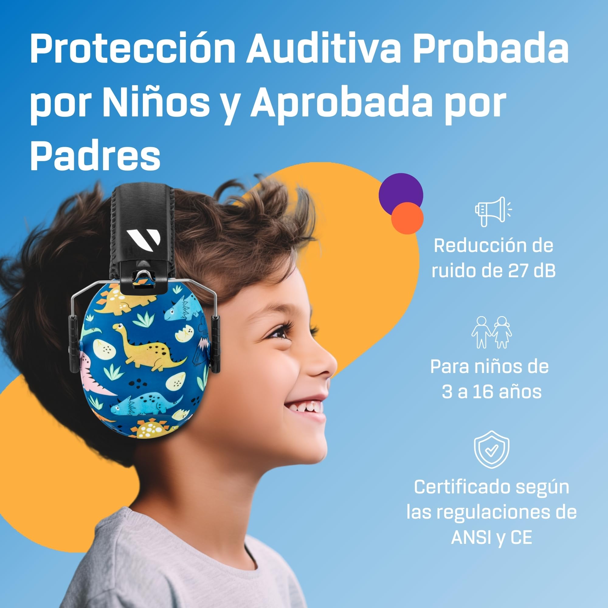 Vanderfields Auriculares con cancelación de ruido prémium Protección auditiva con reducción de sonido de amplio espectro de 32 dB a 2000 Hz - Kopfhörer Kinder 3-12 - Dinosaurier Club