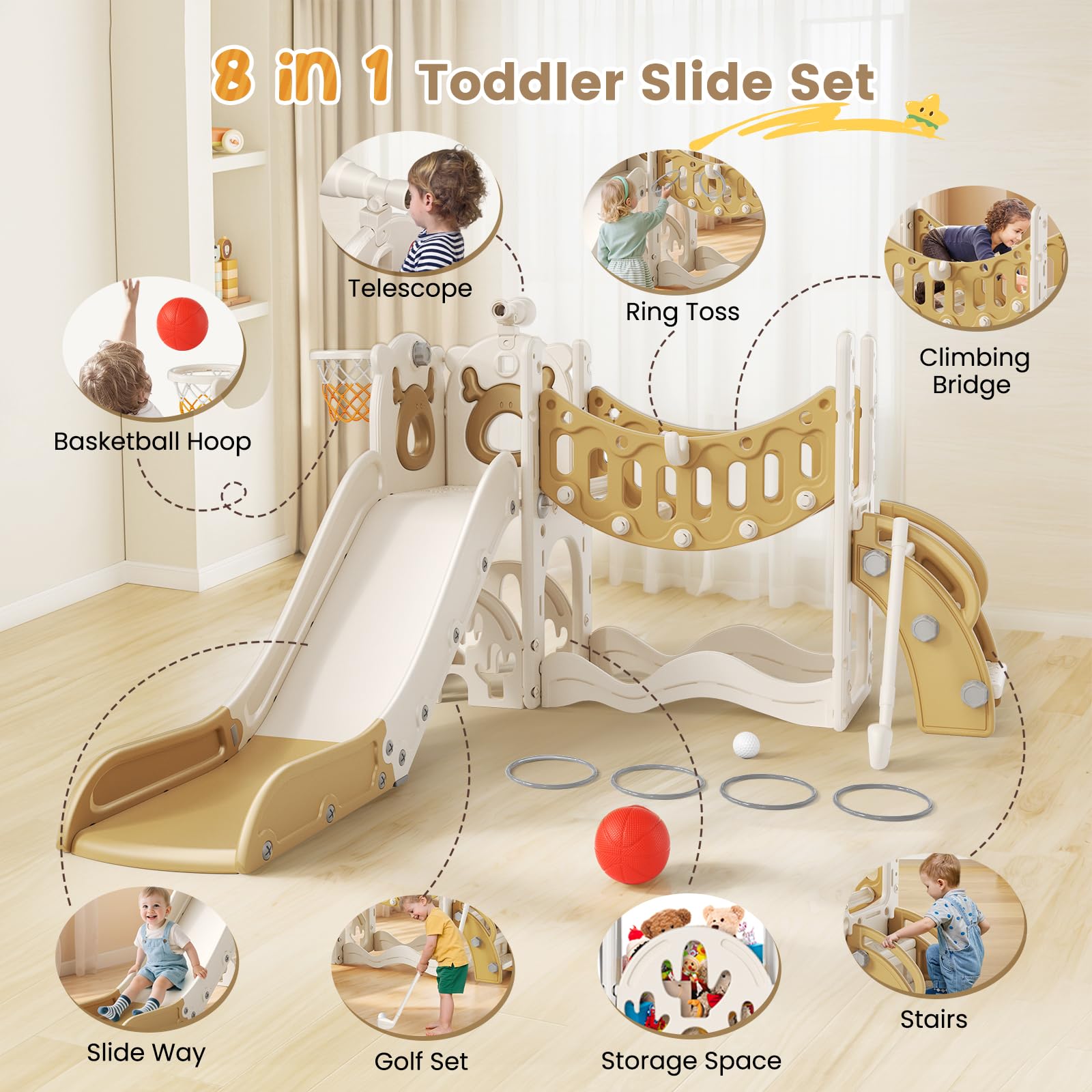 Slide per bambini ispessiti e allargati, scivolo per bambini piccoli indipendente con canestro da basket, attrezzatura per parco giochi con scivolo, scivoli all'aperto (kaki 8 in 1)