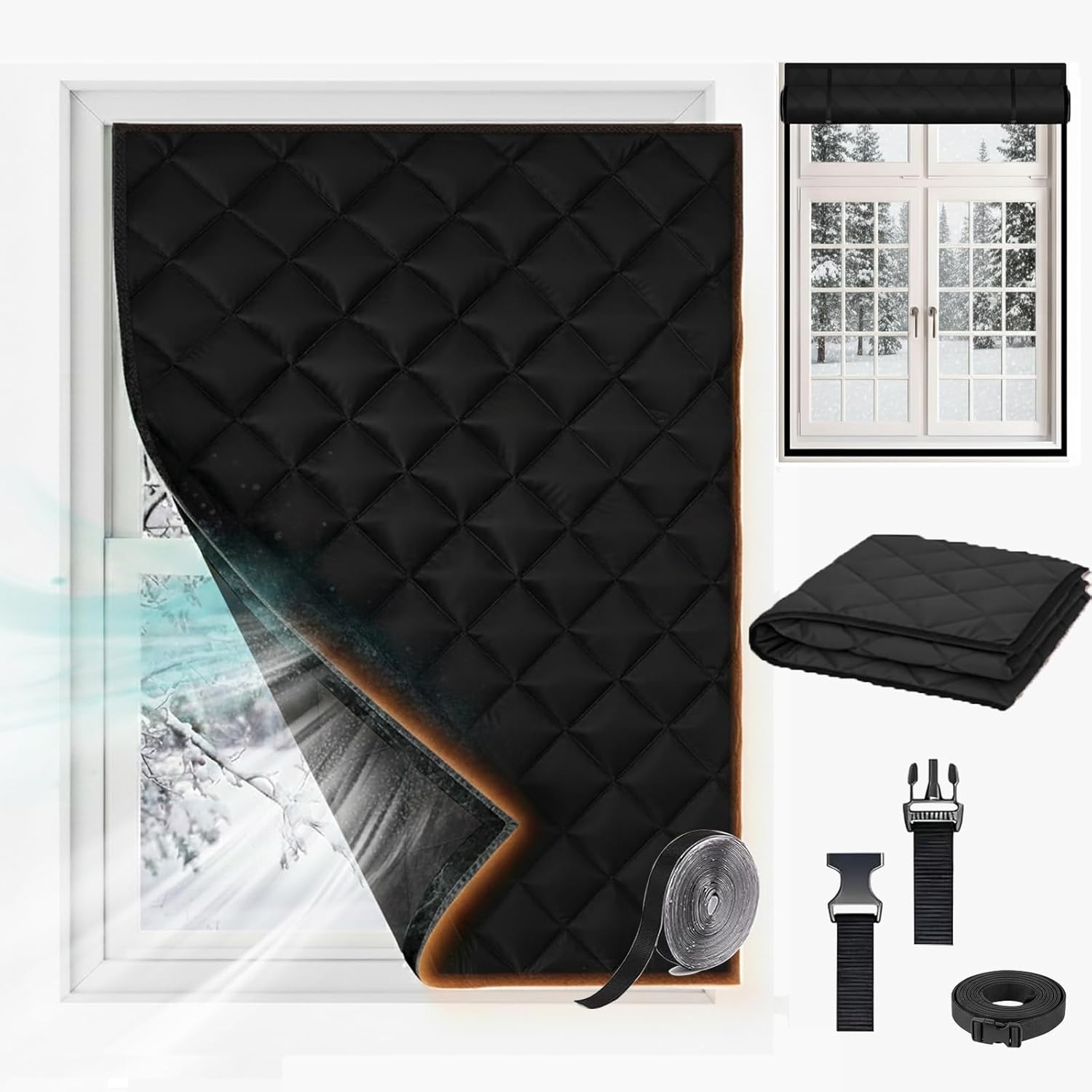 26"36"39"47"55"63"79 Winter Insulated Window Cover, Thermal Insulated Window Cover to Keep Warm, Windproof Heavy Cotton Curtain Room RV Attic Garage, Thermal Insulated Windows(Black,WxH: 63x63in)