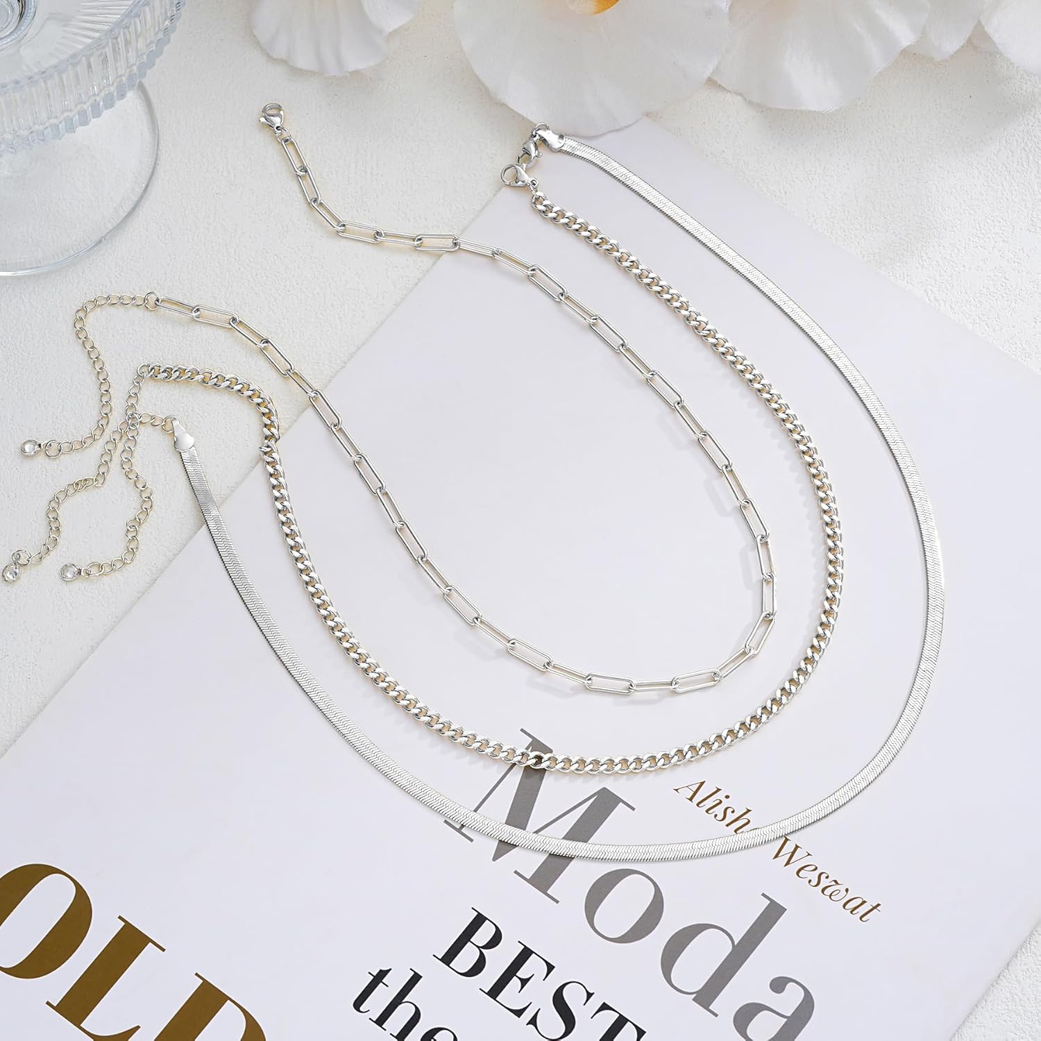 Gold Layered Necklaces for Women, 14K Gold Plated Dainty Gold Chain Choker Necklace Stack, Herringbone Gold Necklaces Set - Image 4