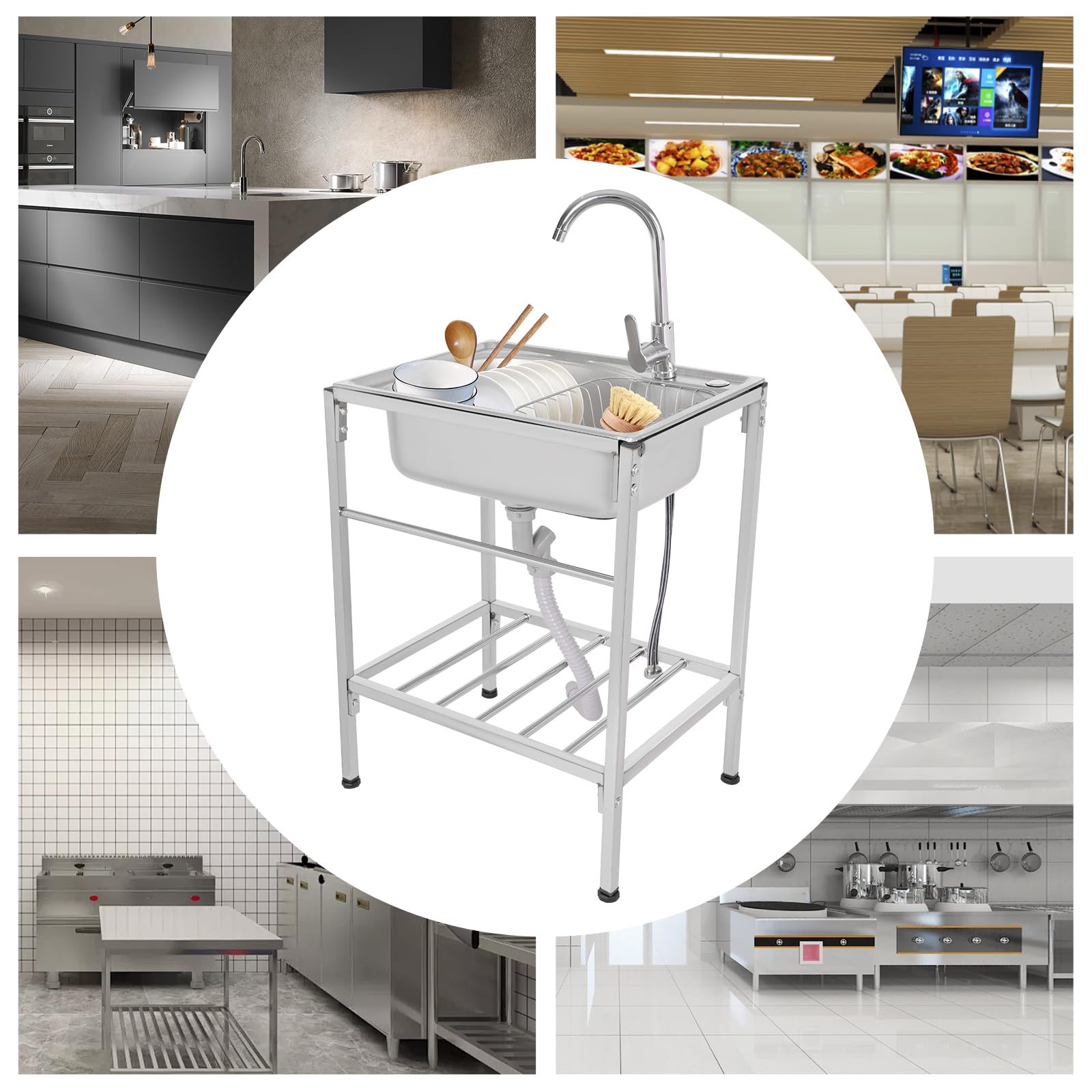 Lavello da Cucina in Acciaio Inox con Rubinetto Caldo e Freddo per Laboratori, Caffè, Bar Boutique 60 X 45 x 15 cm