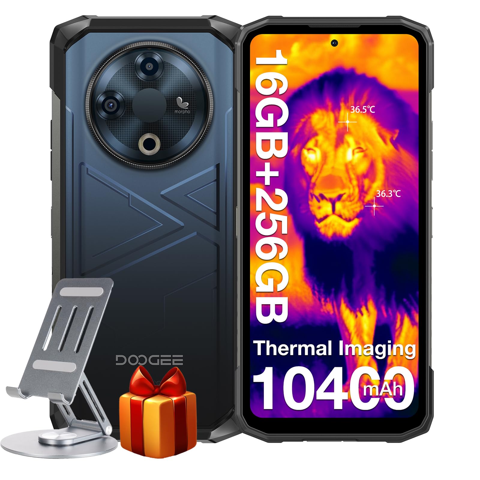 DOOGEE Fire 6 Rugged Smartphone, Thermal Imaging Camera, 10400mAh,16GB+256GB/TF 2TB Rugged Phone, 50MP AI Camera, 6.56" HD+IPS Unlocked Cell Phone, 3 Cards Slot/IP68/IP69K/Face Unlock/Fingerprint/OTG