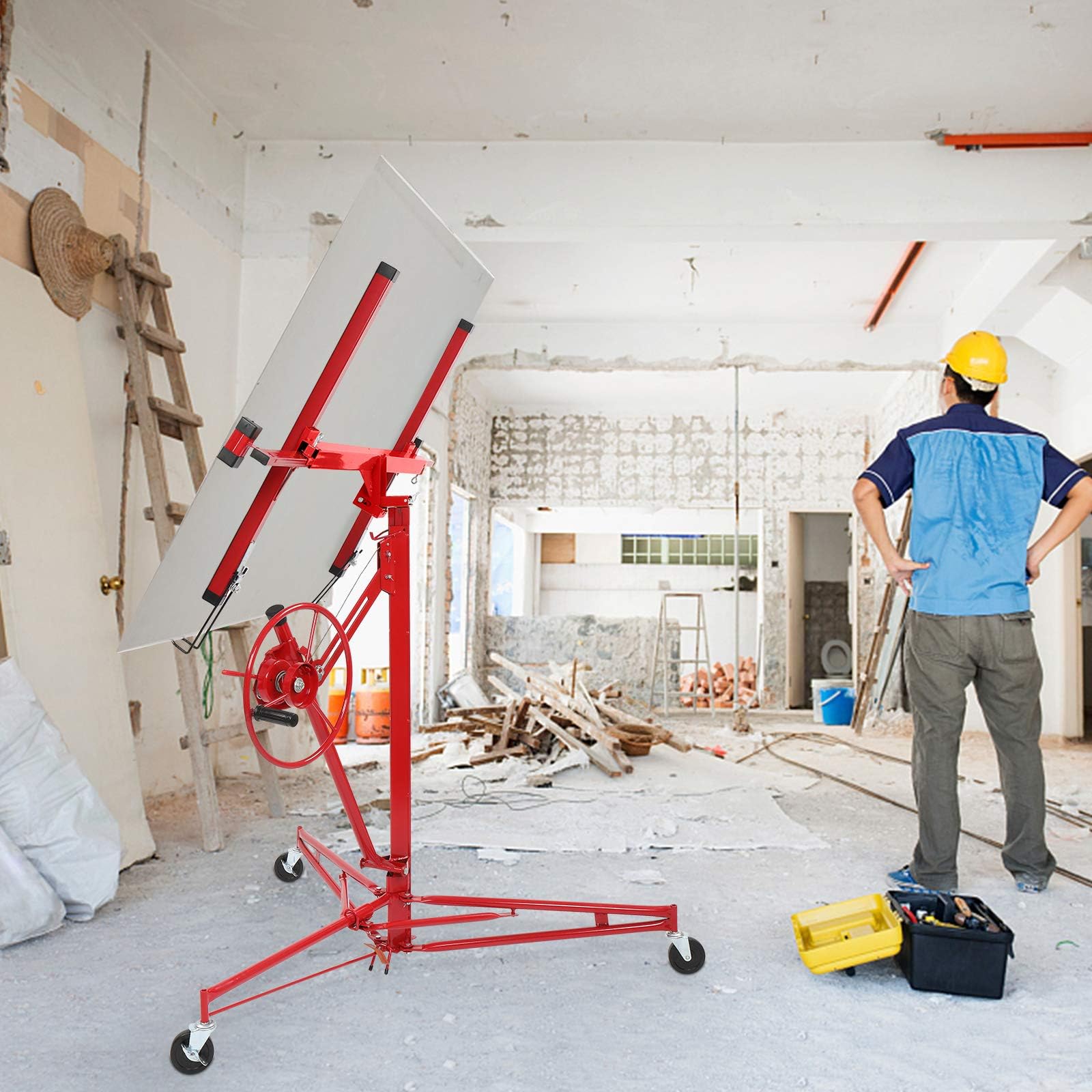 XXL Plattenheber,Plattenheber Klappbar für Trockenbau und Rigipsplatten, Plattenlift bis 68 kg Höhe 140-350 cm 3 Räder mit Feststellbremse,Rigips Werkzeug für Innenausbau