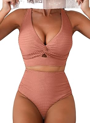 Herseas Women's Textured Bikini Sets Twist Front Top Swimsuits High Waisted Bathing Suits