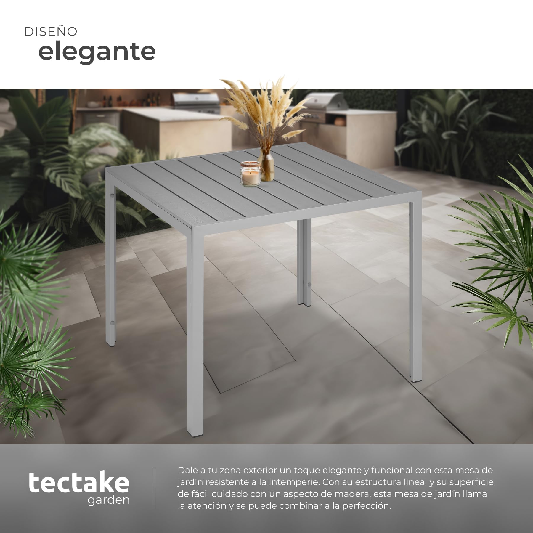 tectake® Mesa Jardín Exterior de Aluminio 90x90x74,5cm, Mesa Terraza, Patas Ajustables y con Topes, Mueble Jardín Resistente a Intemperie, Fácil Montaje - Plata