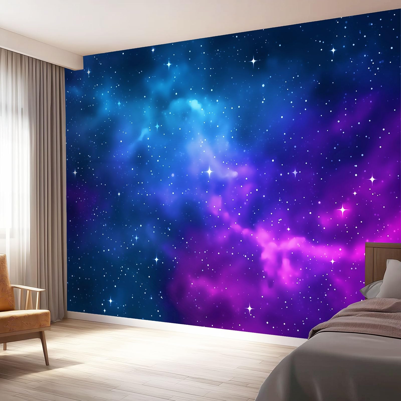 Bardzo duża fototapeta 400 x 280 cm (szer. x wys.), wzór kosmicznej galaktyki, usuwalna fototapeta do przestronnego salonu, niebiesko-fioletowa