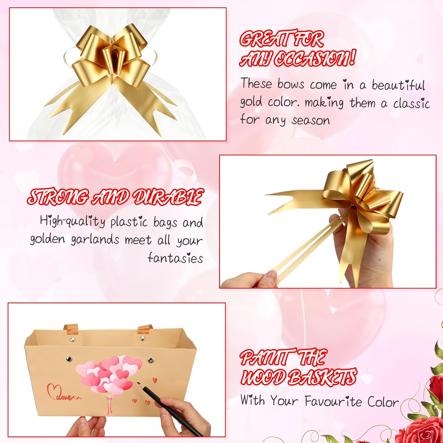 Colarr 12 Pack Baskets for Gifts Empty Bulk Kraft Empty Gift Basket Kit with Handle Wrap Bag Bow DIY Cardboard Market Tray to Fill for Mother's Day Wedding Graduation, 9.8" x 6.5" x 4.3"(Gold)