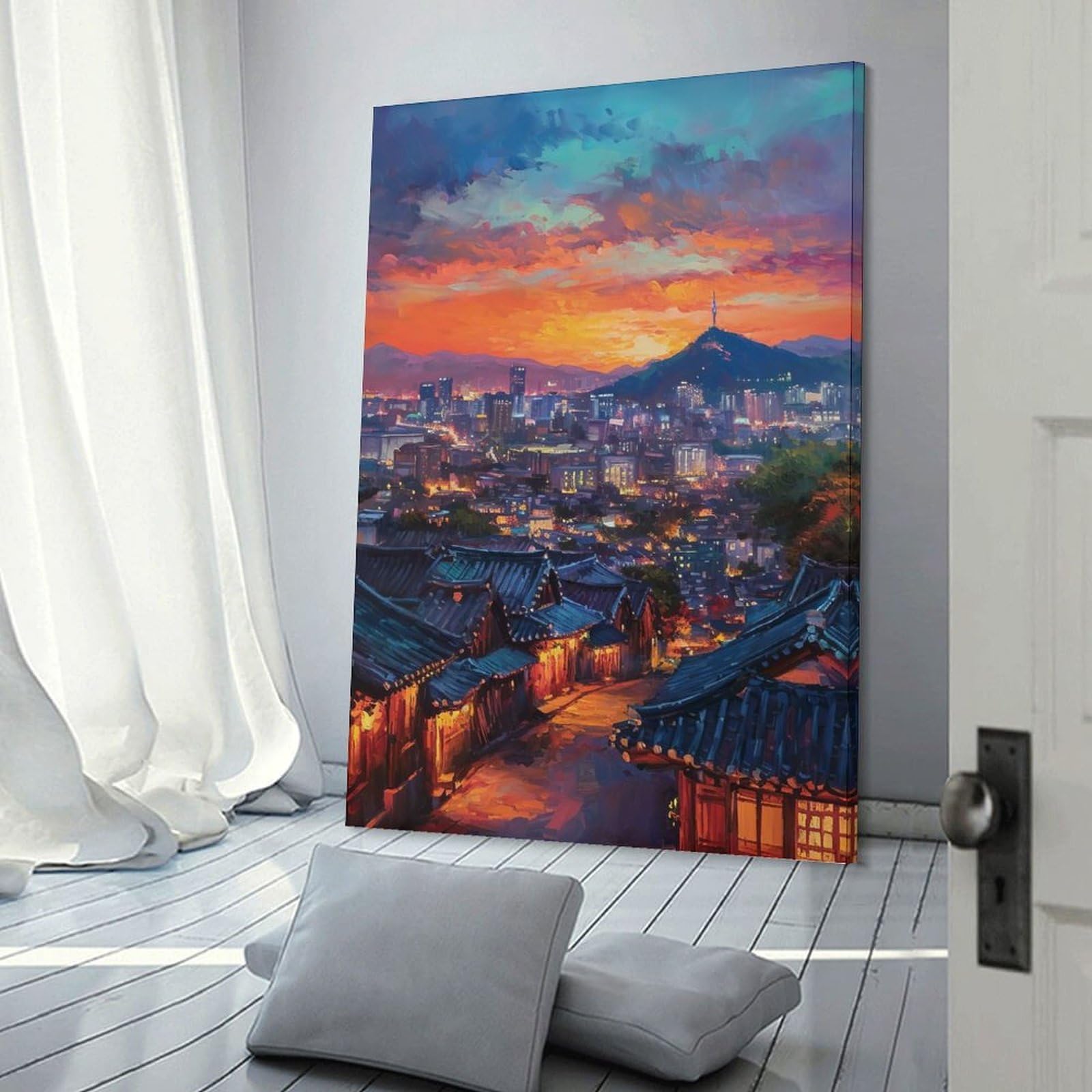 Junmoney Seoul Cityscape at Sunset Painting Canvas Wall Decor, 16x24inch(40x60cm), for Gallery Wall Decor And Room Displays, Wall Decor Suited to Curated Displays