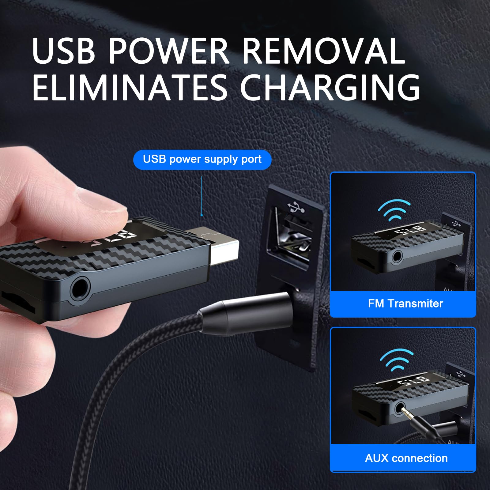USB Bluetooth Empfänger für Auto, Bluetooth 5.3 Wireless Audio Adapter, USB Netzteil 3.5mm Aux Jack Adapter, FM + AUX Transmitting Signal Receiver, für Auto Stereo Sound Home Stereo PC (Schwarz