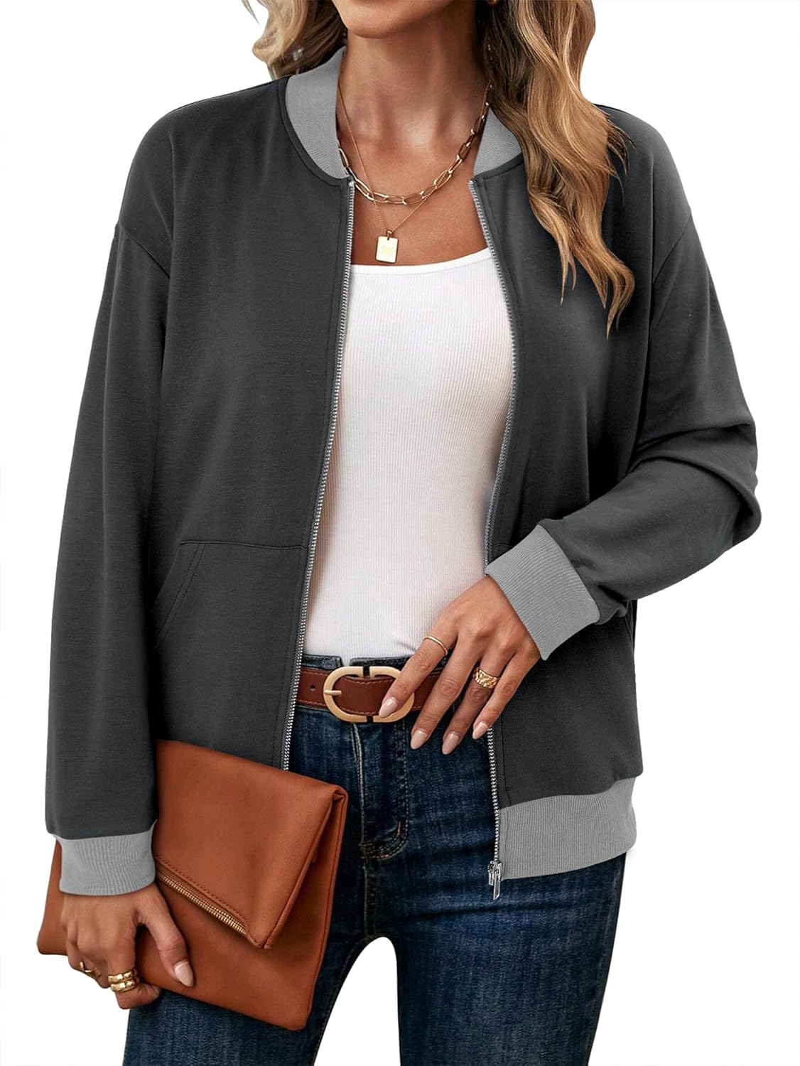 CRAZY GRID Women's Zip Up Jacket Casual Long Sleeve Sweatshirts Fall Coat Outerwear Windbreaker with Pockets S-XXL - Image 2