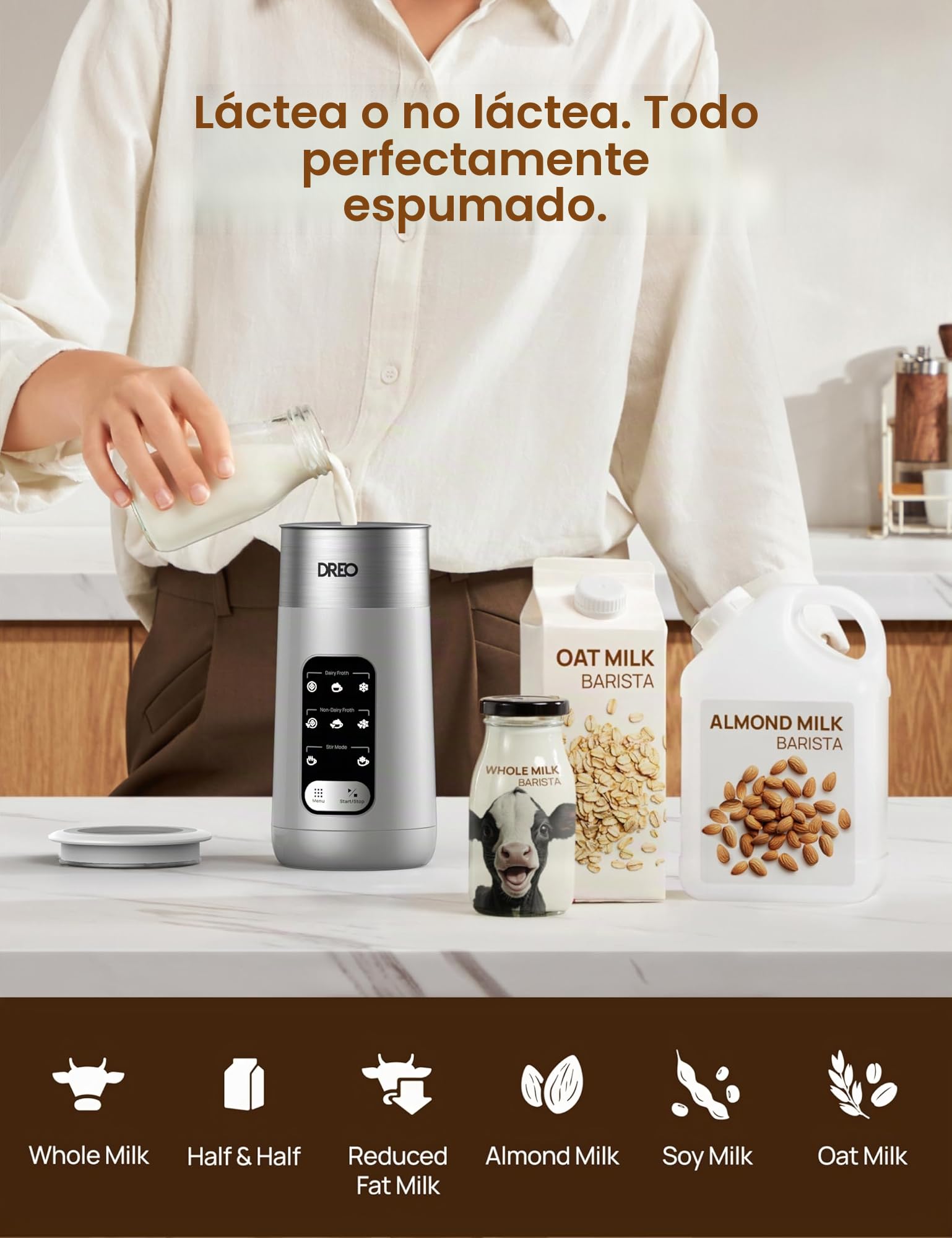 Dreo Espumador de leche, espumador eléctrico 8 en 1 para café con leche, máquina de espuma caliente y fría de 9 onzas/270 ml, calentador automático de leche para leche láctea y no láctea con LED