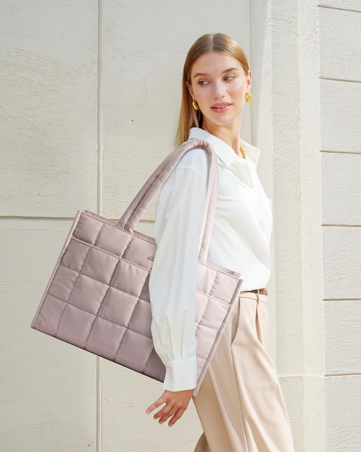 LOVEVOOK Tote Bag for Women, Puffer Work Handbag 15.6 Inch Laptop Purse for Nurse Teacher, Large Quilted Travel Tote Shoulder Bag with Zipper for College Office Clinical Gym, Smoky Blush - Image 2