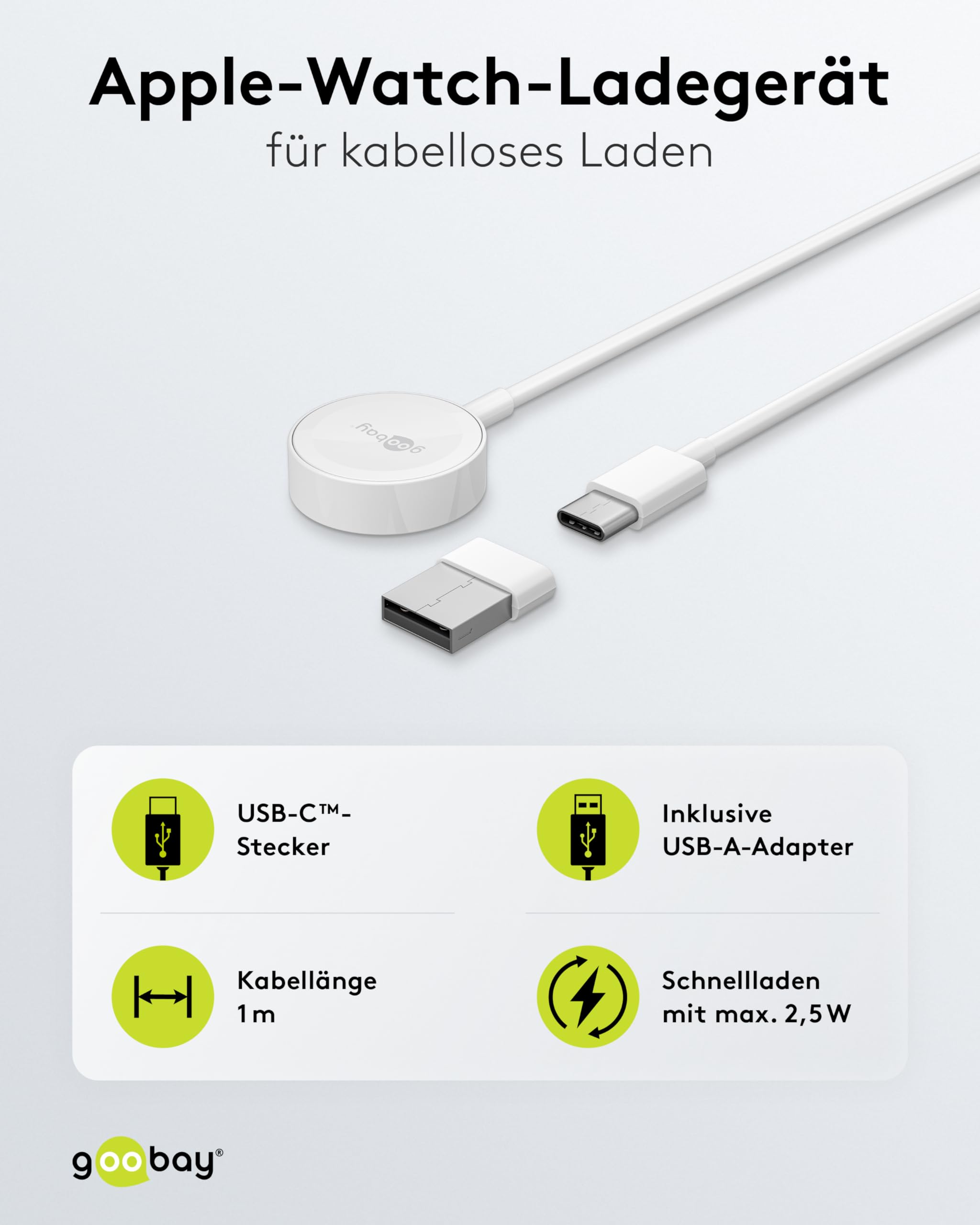 goobay 65343 Ładowarka do zegarka Apple Watch/bezprzewodowa ładowarka/kompatybilna ze wszystkimi modelami Apple Watch SE/8/7/6/5/4/3/2 / w zestawie adapter USB