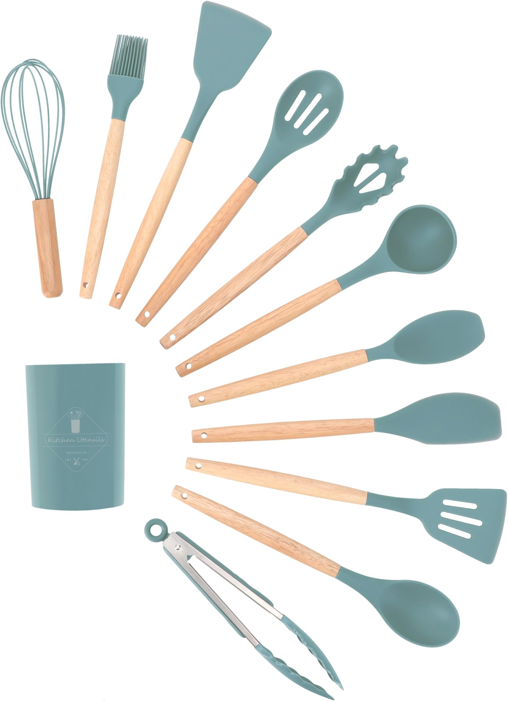 CHEFICOO Kitchen Cooking Utensils Set, 11 pcs Silicone Cooking Kitchen Utensils Spatula Set with Holder, Non-stick Heat Resistant, Wooden Handle Silicone Kitchen Gadgets Utensil Set Green