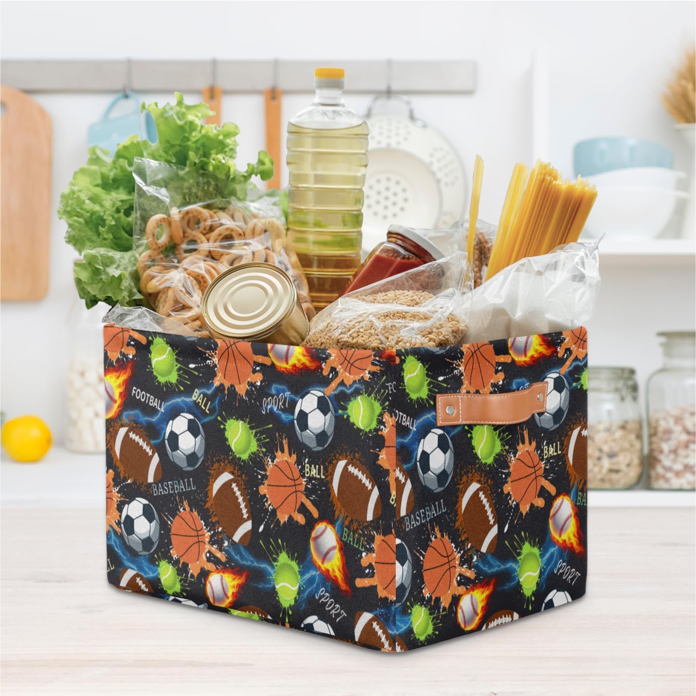 Sports Ball Storage Basket, Cool Basketball Football Soccer Print Fabric Organizer with Leather Handles, Foldable Bin for Boys Room, Sports Gear, Clothes, Bedroom, Game Room, Present for Sports Fans