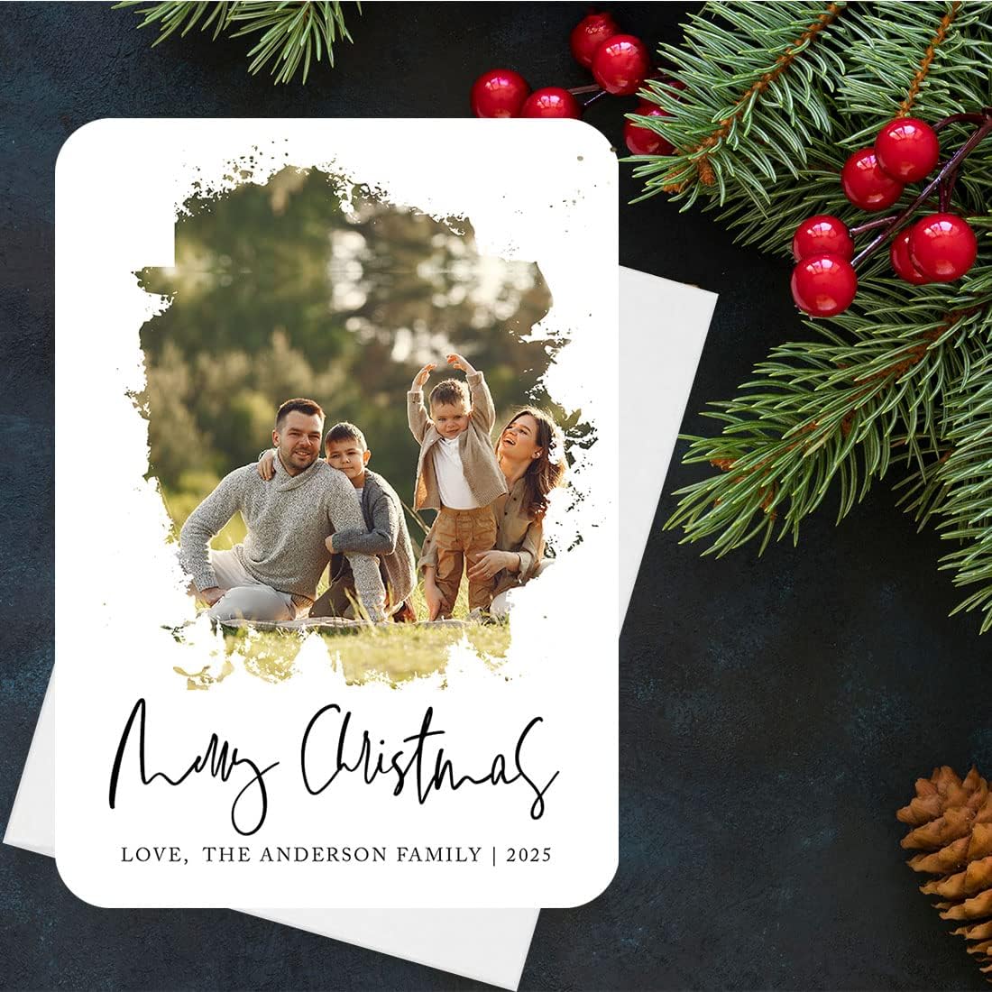 Andaz Press Personalized Photo Christmas Cards with Envelopes, 5x7-Inch Holiday Cards with Custom Photo, Name, Year, Minimal Merry Christmas Photo Frame Greeting Cards for Family and Friends, 24-Pack