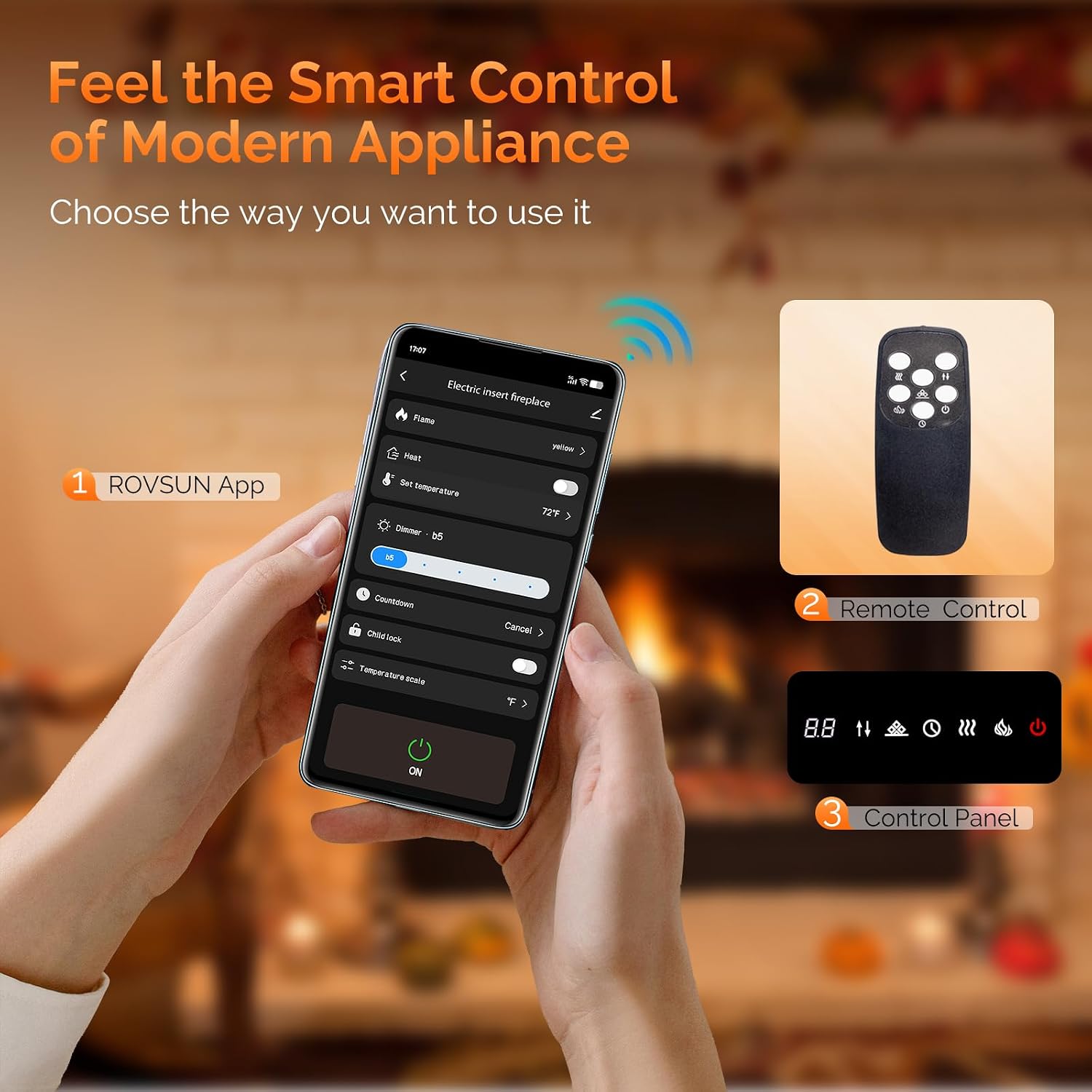 ROVSUN 42'' Electric Fireplace, 2-in-1 Ultra-Thin Wall Mounted & Recessed Fireplace with Remote & APP Control, 1500W Wall Heater w/ 12 Flame Color, 5 Brightness, Timer, Crystal Set