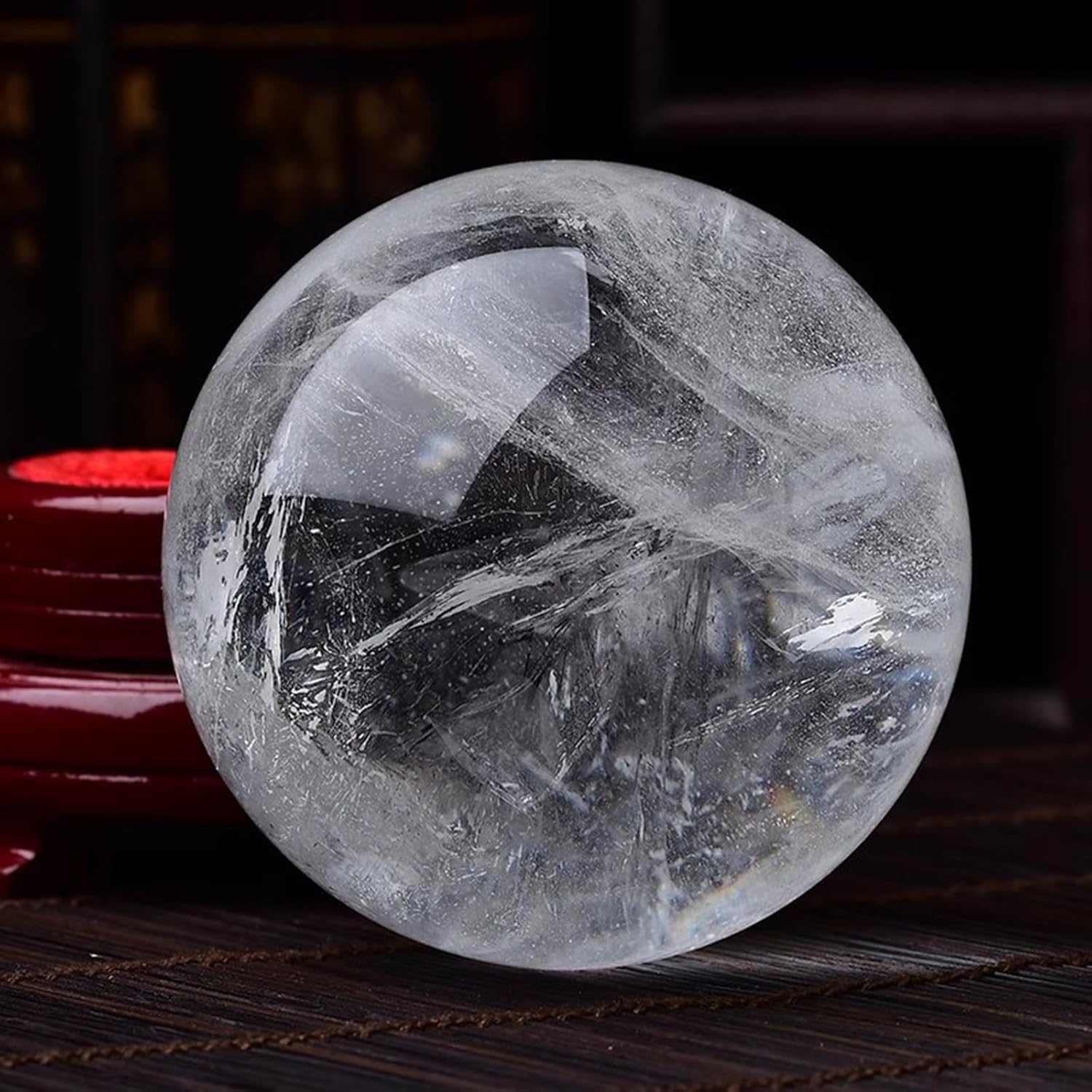 Hand Polished Clear Quartz Crystal Sphere - Crystal Ball with Wooden Base, Crystal Sphere Balls for Witchcraft and Decorative Balls,4.3"(11cm)