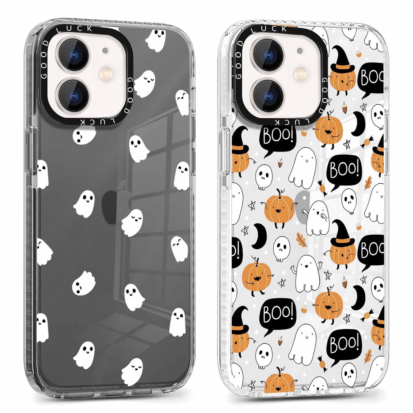 2 Pack Halloween Phone Case for iPhone 12 / iPhone 12 Pro 6.1", Clear Case with Cute Cool Pumpkin Ghost Skeleton Pattern, Shockproof Soft Silicone Cover for Teen Girls and Boys, Women and Men