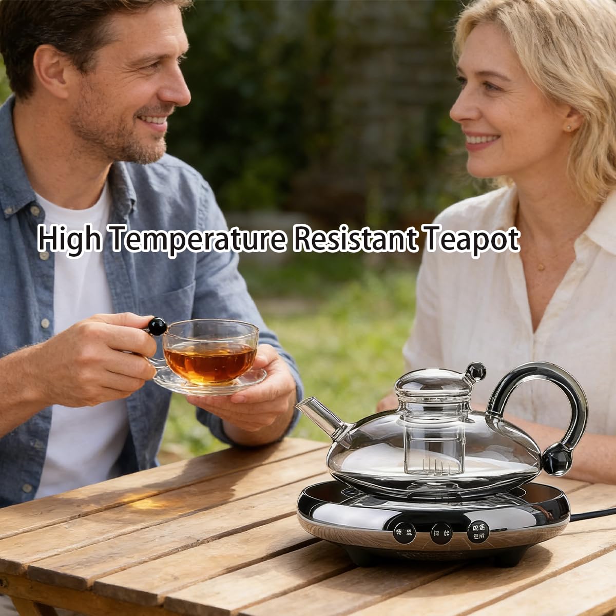 Glas-Teekannen-Set mit elektrischem Stövchen, 680 ml Glas-Teekanne und 2 Tassen, abnehmbares Teesieb, 1000 W Heizkeramikherd, für Loos-Tee- und Kaffee-Teekanne + 4 Tassen