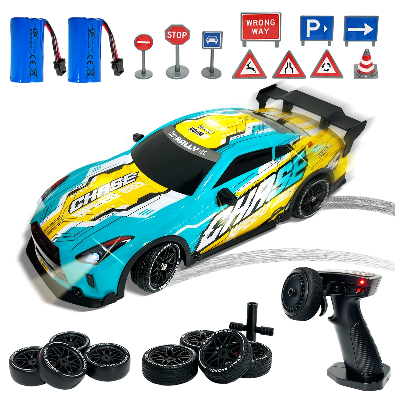 Coche Teledirigido Drift, 1:14 RC Drift Coche 4WD, 25km/h Coche de Carreras Teledirigido, Vehículo Alta Velocidad Carreras con Luces LED, Drifting Auto Juguete para Adultos y Niños (GY)