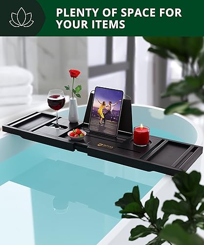 Miniatura 6 de Bandeja plegable para bañera de bambú bandeja para bañera expandible organizador de mesa para bañera con lados extensibles jabonera gratis
