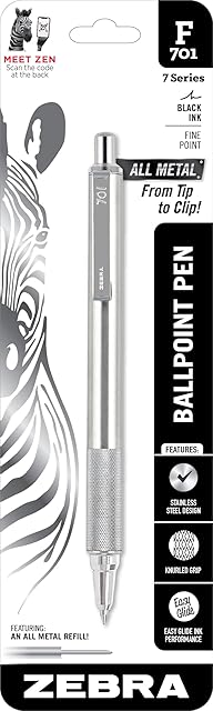 Zebra Pen 29411 F-701 Ballpoint Stainless Steel Retractable Pen, Fine Point, 0.8mm, Black Ink, 1-Count