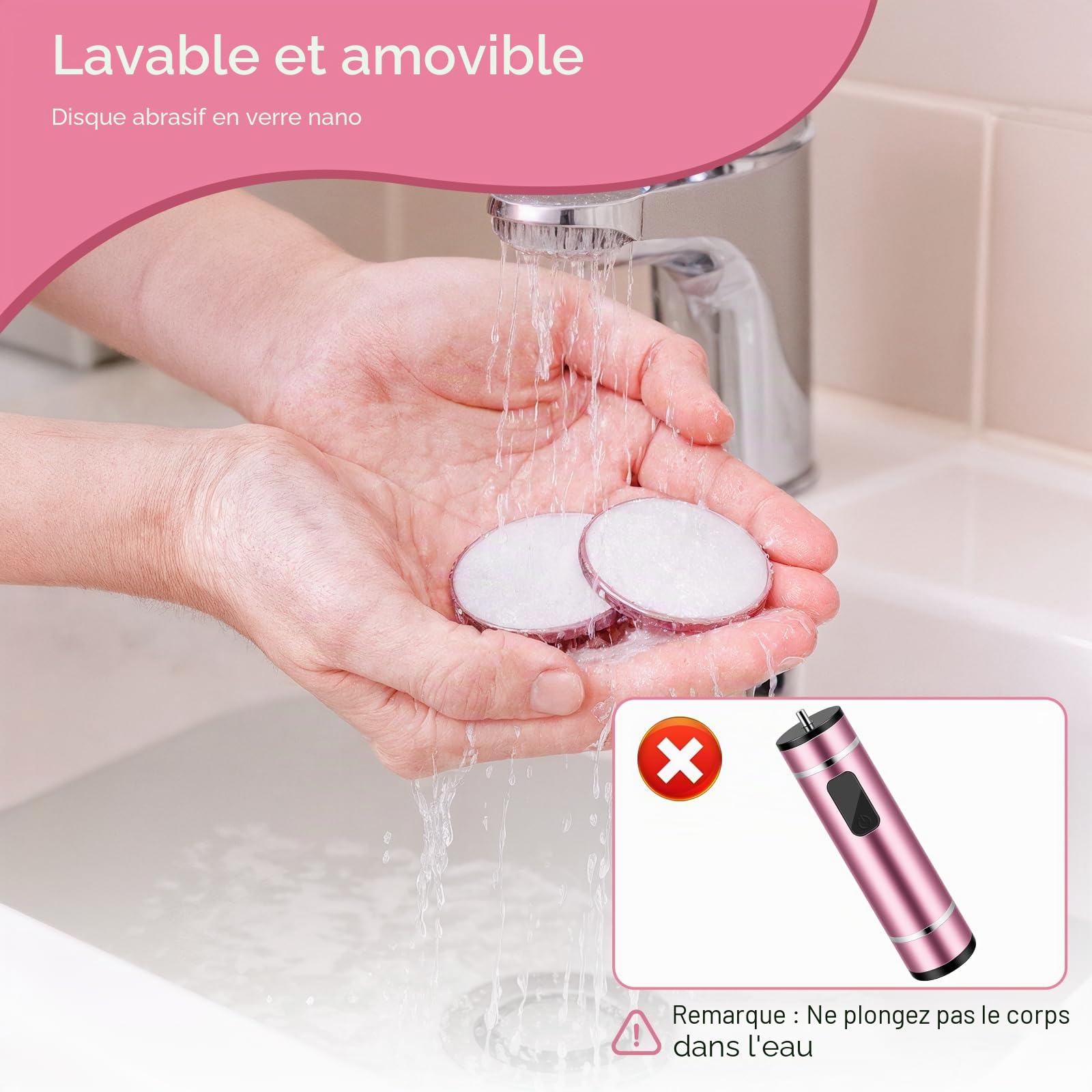 Ponceuse pour pied - Râpe électrique sans fil avec 4 embouts en verre nano - Vitesse réglable - Rape pieds pour talons fissurés, cors et callosités (Rose)