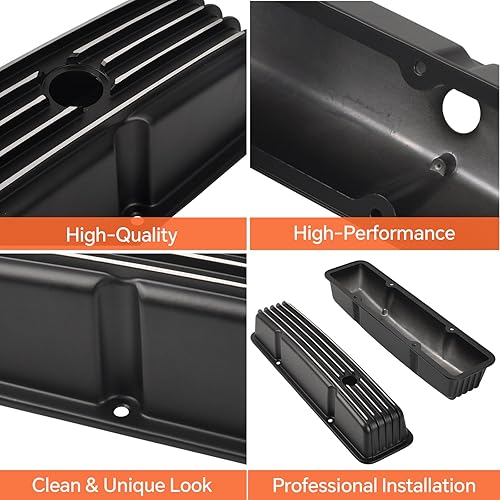 Miniatura 4 de Cubiertas de válvula de aluminio con aletas compatibles con bloque pequeño Chevy 58-86 Tall 327 350 400 - Negro