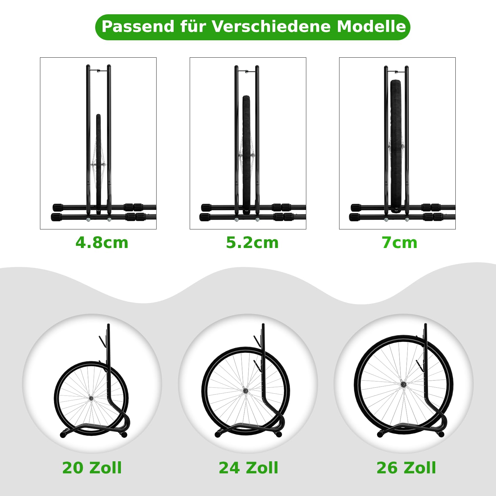 TLGREEN Fahrradständer Boden, Stabile Fahrradhalterung Ohne Bohren bis 25kg, 2-Stufig Verstellbar 40/70mm für Mountainbike Rennrad Trekkingrad 24-28 Zoll, Reifenbreite bis 65mm