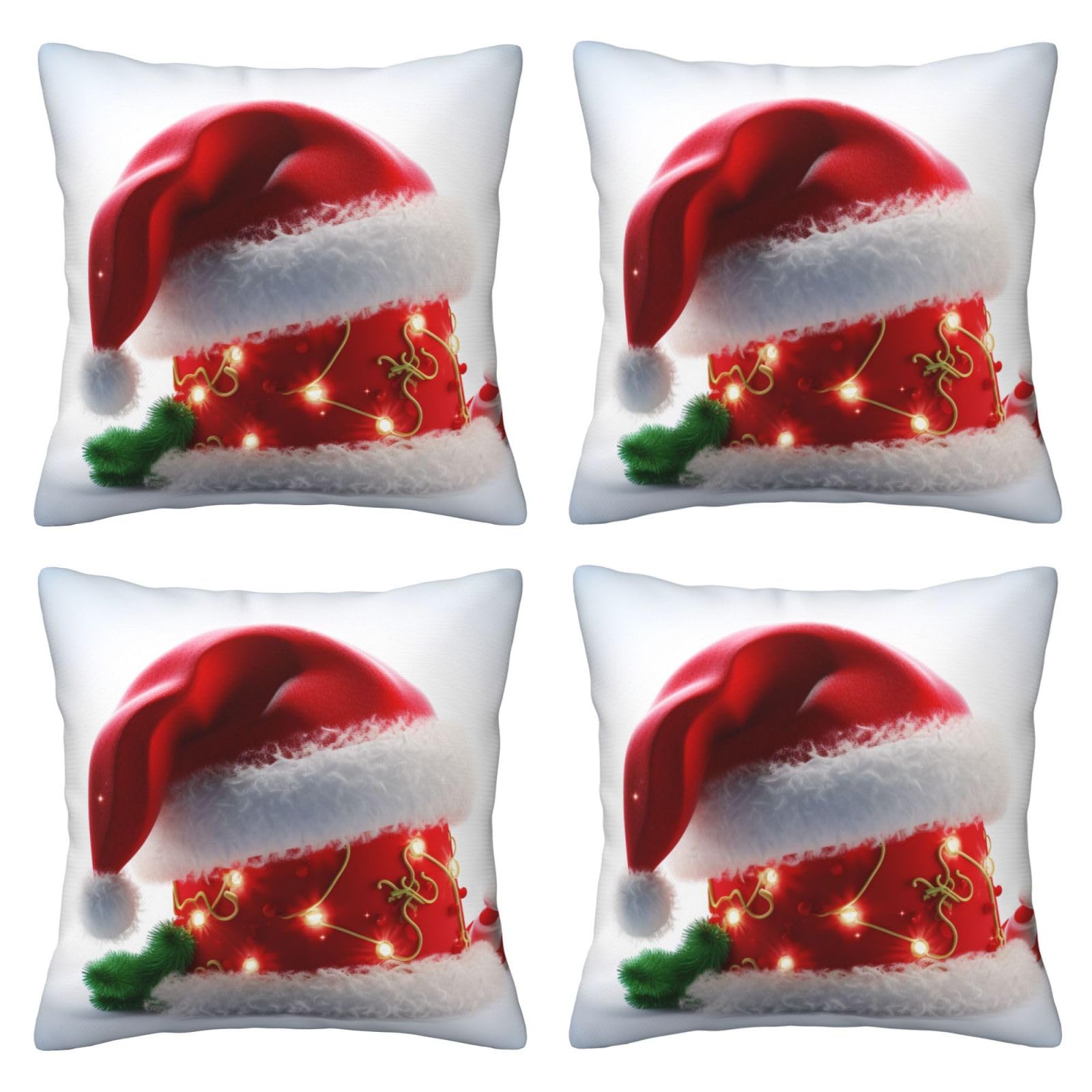Merry Christmas Santa Hat Throw Pillow Cases 4 Pack Square Pillowcases Super Soft Pillow Protectors With Zipper for Couch Livingroom Sofa Bed Office Car,50x50 CM