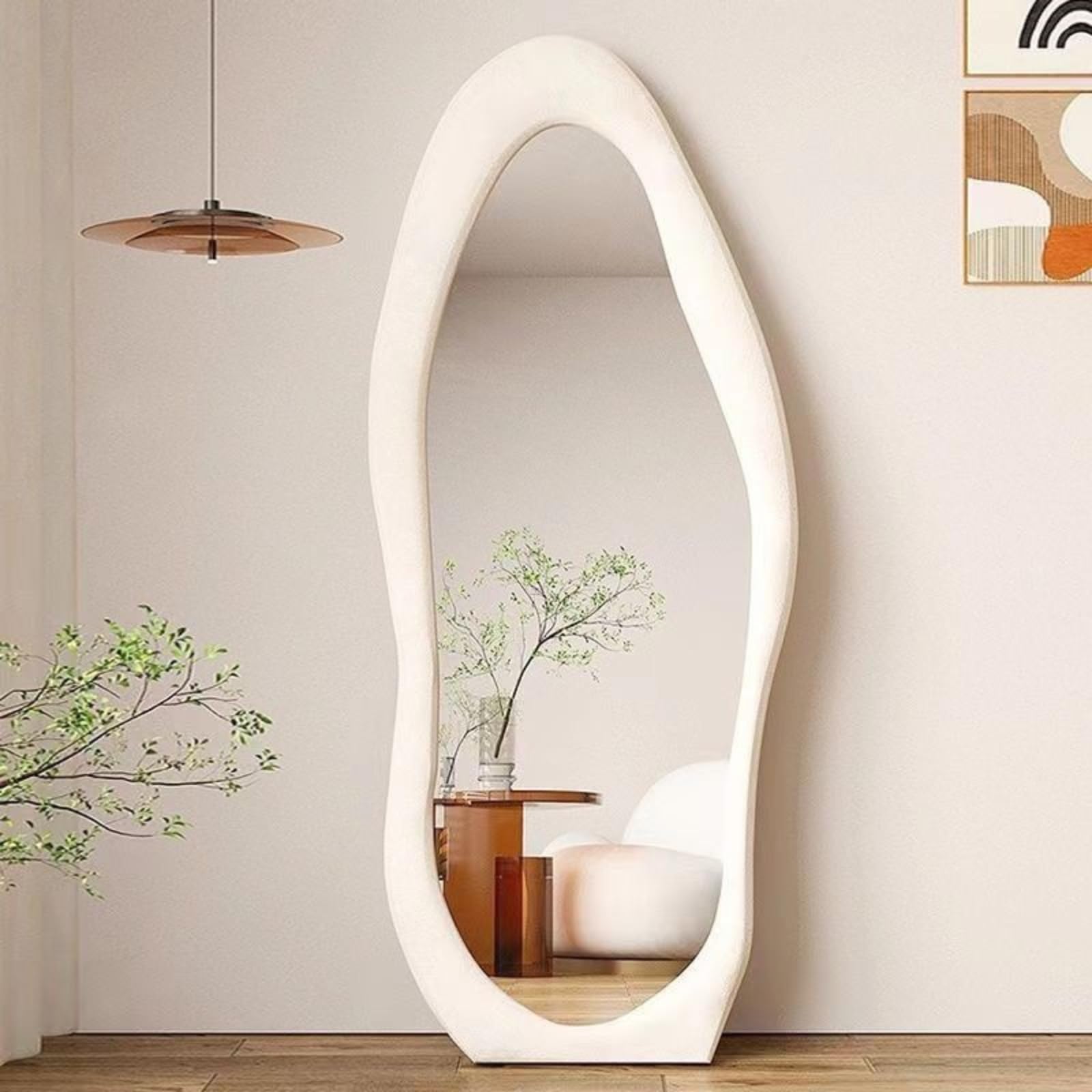 Melodieux Gewellter Spiegel 160x60cm Groß Standspiegel Ganzkörperspiegel Wandspiegel mit Cremefarben Flanell umwickelter holzrahmen Hängend oder kippend Ganzkörper Spiegel