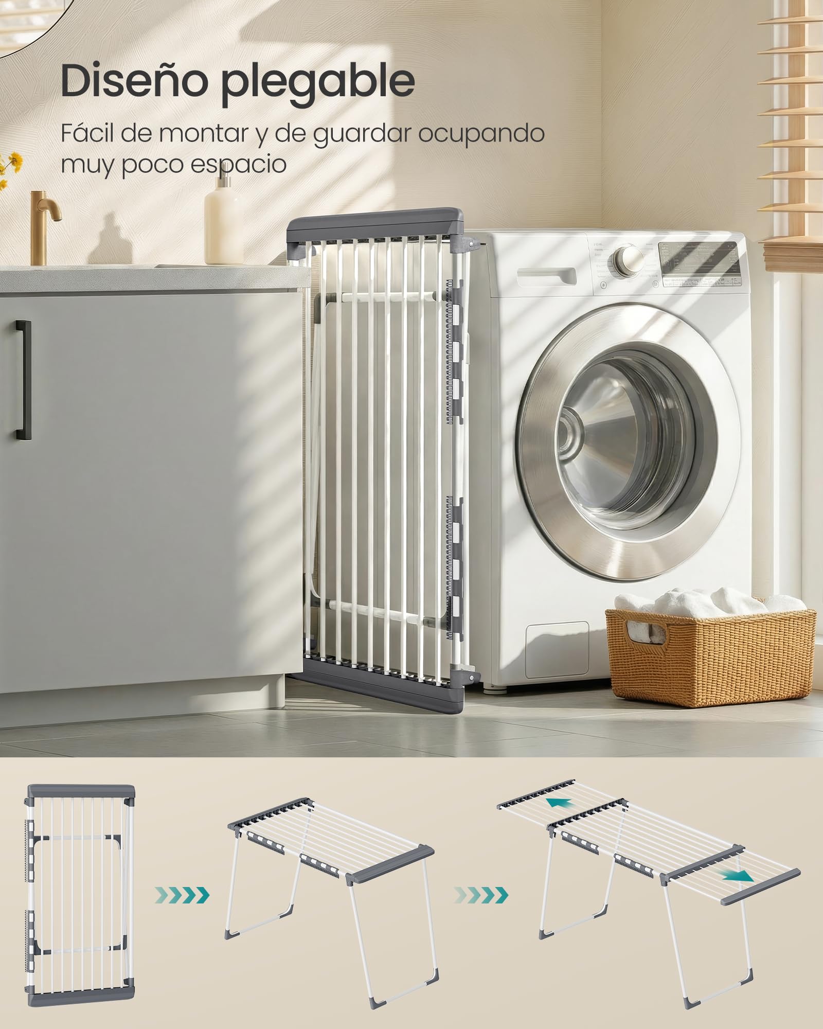 SONGMICS Tendedero para Ropa, Tendedero de Pie, Alas Extensibles, 22 m de Superficie de Secado, con Porta Calcetines, Plegable, Blanco Perla y Gris Paloma LLR522WK01