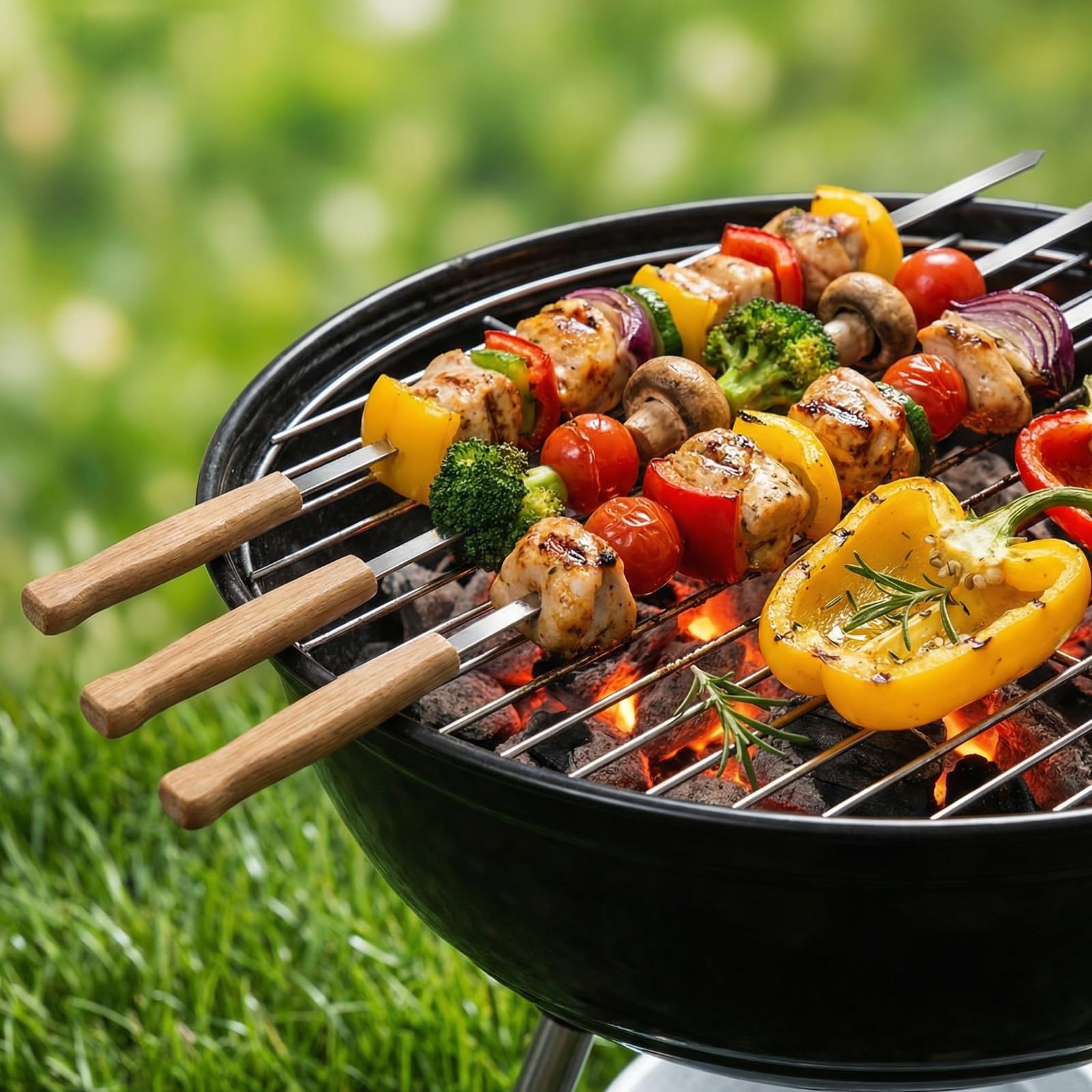Brochettes barbecue acier inoxydable 410 44cm réutilisables manche chêne 8 pièces