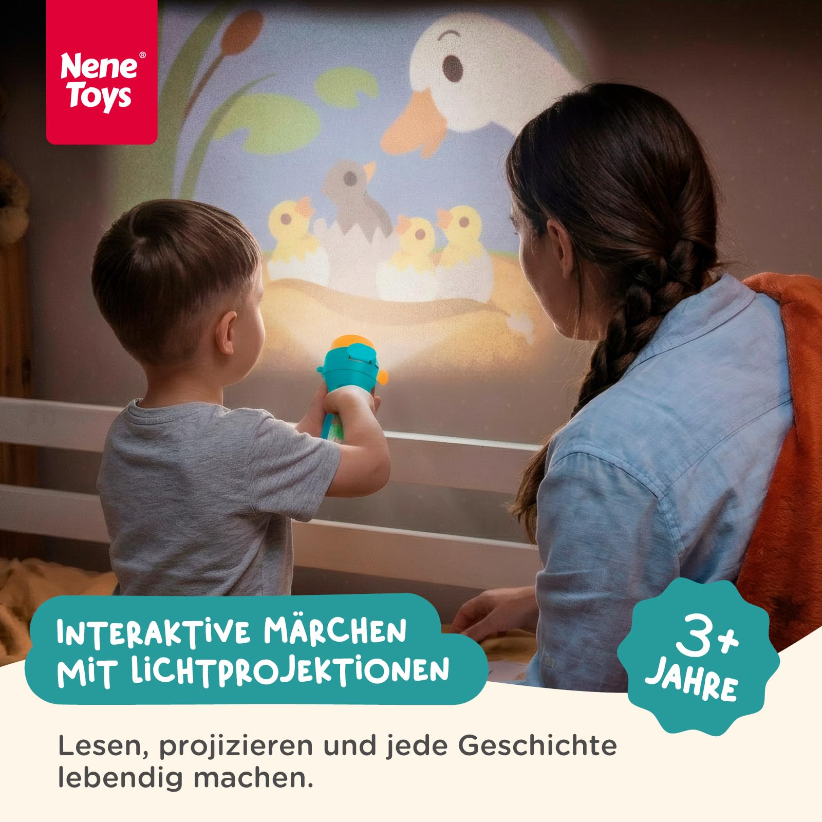 Nene Toys Interaktives Märchenbuch mit Projektor-Taschenlampe & Schattentheater für Kinder ab 3 Jahren – 4 Klassische Geschichten in 5 Sprachen, Gute-Nacht-Geschichten-Set