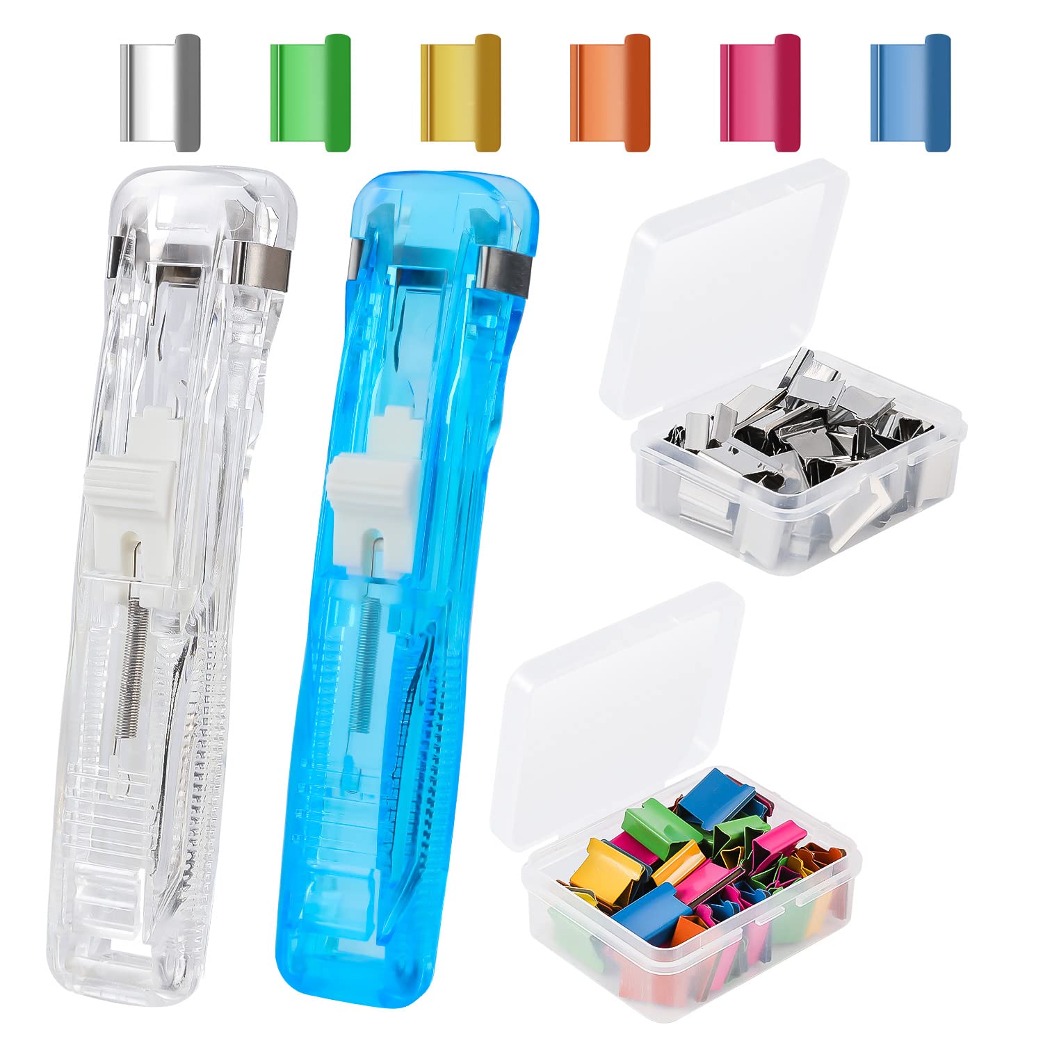 2pcs Clam Clip Dispensers (Clear, Blue), Portable Handheld Paper Clam Clip Dispenser with Paper Refills for Fixing Loose Leaf Documents Reports Assignments