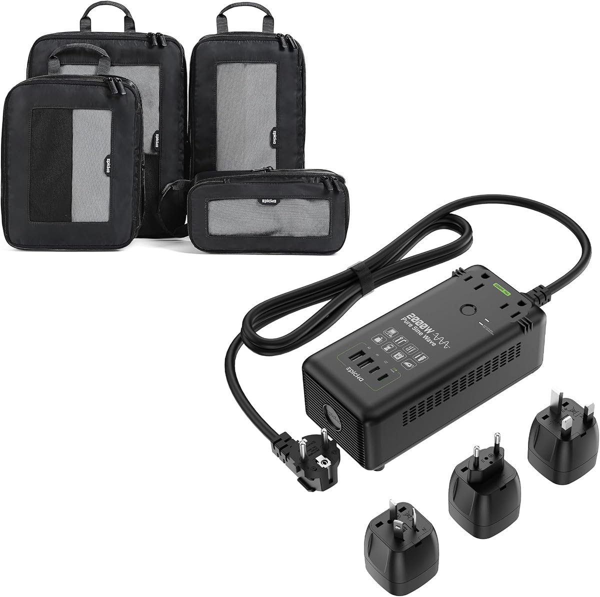 EPICKA Convertidor de voltaje de onda sinusoidal pura de 2000 W, transformador de potencia de 220 V a 110 V con carga rápida PD USB-C de 20 W y cubos de embalaje de compresión EPICKA TripCozy - 4 juegos de bolsas organizadoras de viaje duraderas, Dark G