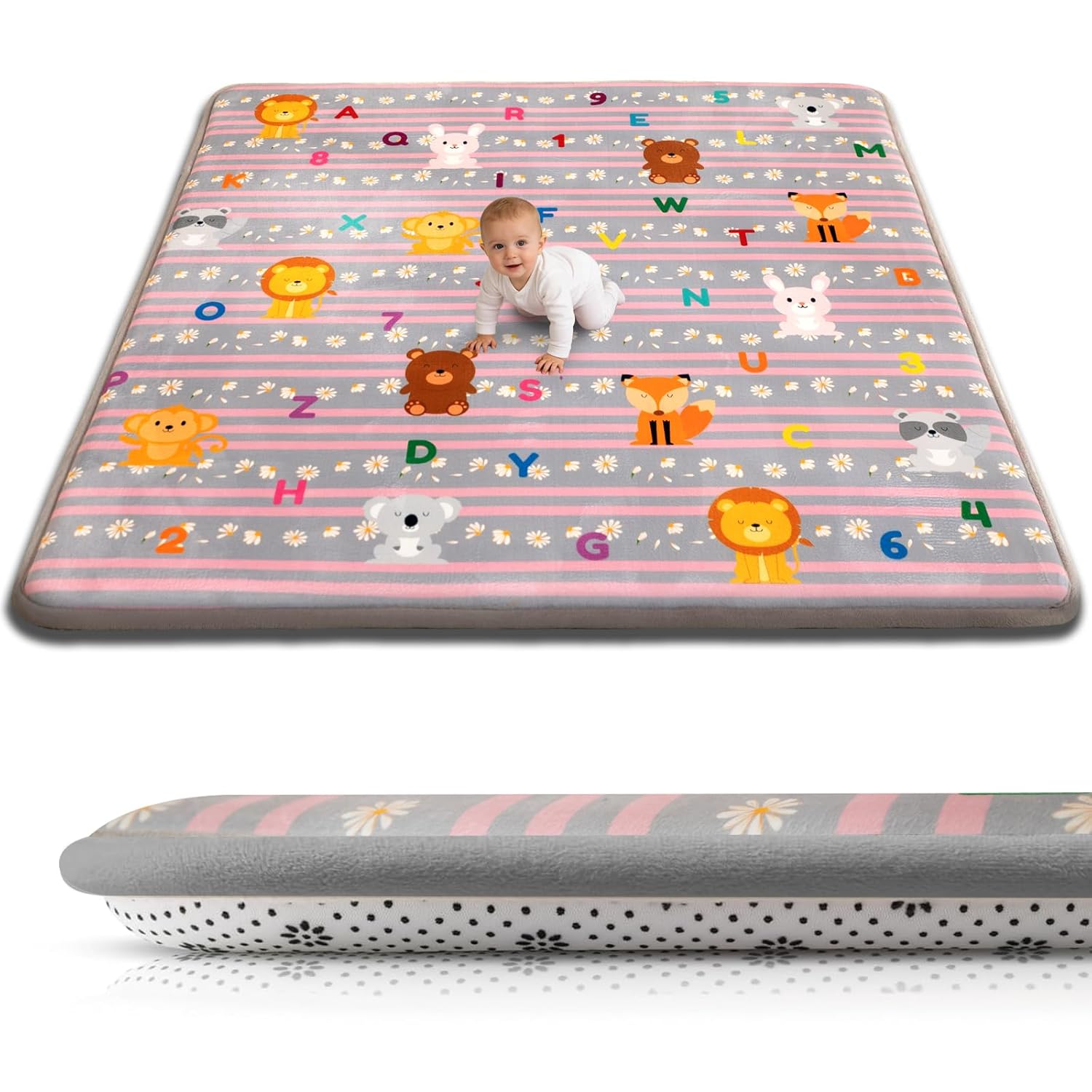 Baby Play Mat for Floor, 71'' x 59'' Thicken Foam Padded Playmat for Tummy Time, Playpen Mat for Toddlers Infant Kids, Water-Repellent Coral Velvet, Non-Slip Bottom Safe for Crawling (Lion)