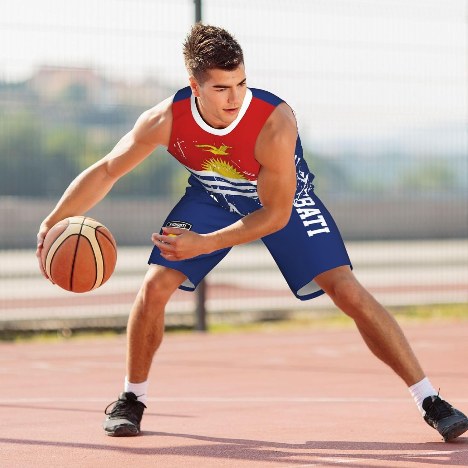 Kiribati Flag Grain (2) Basketball Jersey Uniform Suit for Men Adults Training Athletic Set