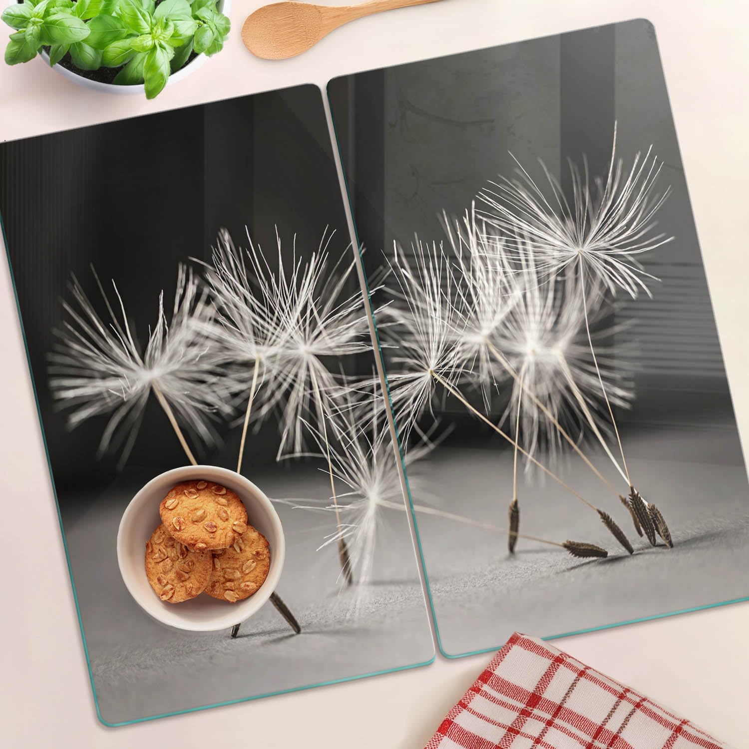 Planche à Découper en Verre Trempé 2x30x52 cm Décoration Avec Impression Contact Alimentaire Bords Polis Résistant à la Chaleur Pieds Antidérapants Modernité Symétrique - Graines de pissenlit