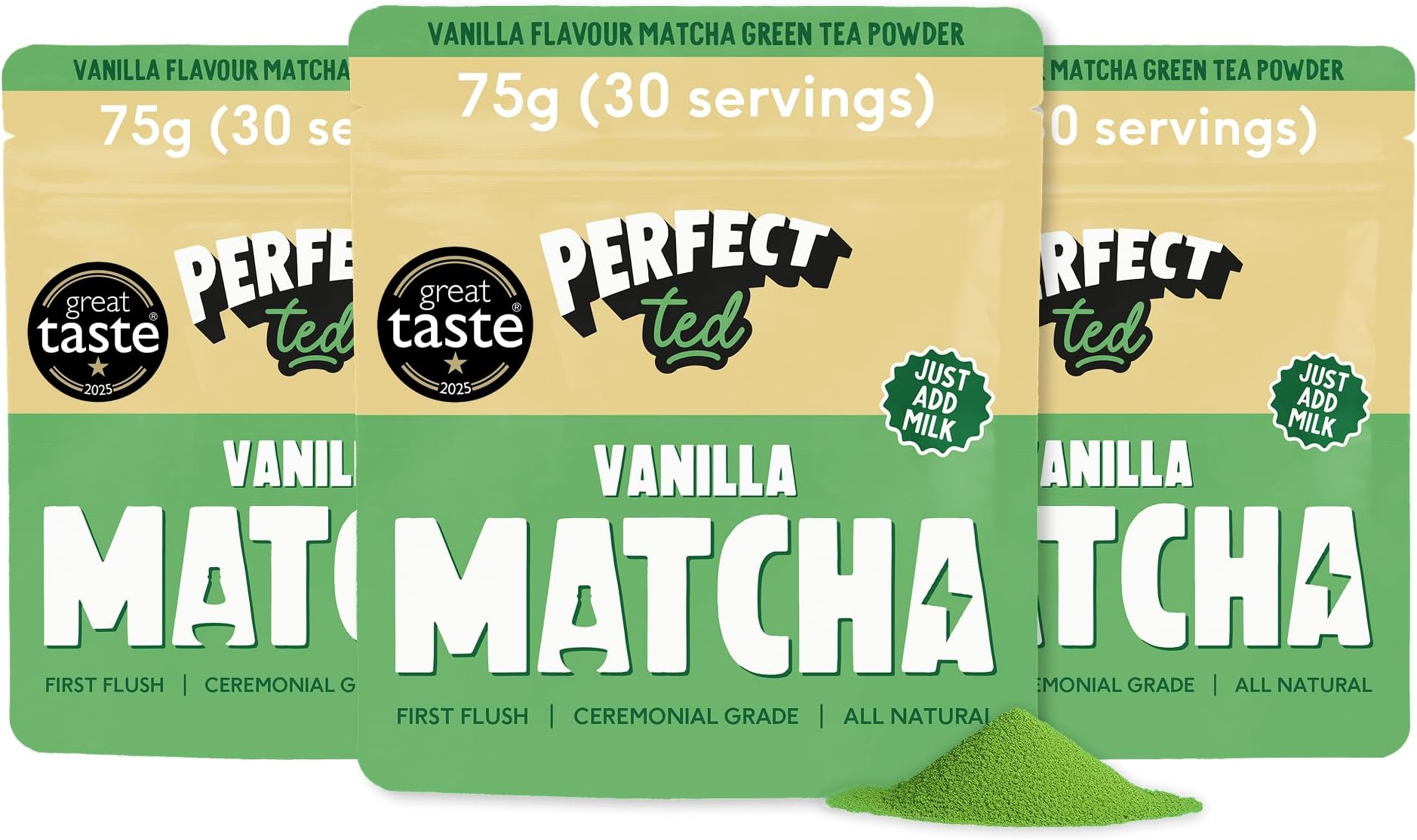 PerfectTed Vanilla Bean Matcha Powder, Ceremonial Grade Japanese, 3 x 75g (90 Servings) Bulk Pack, Premium Matcha Fuel | Vegan | Gluten-Free
