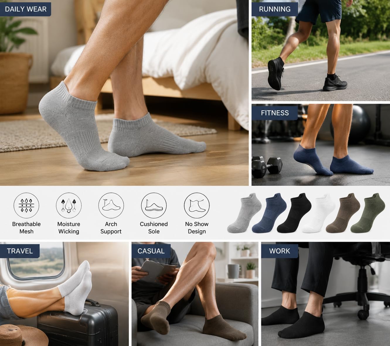 6 Pairs Ankle Socks No Show Sock Low-Cut Athletic Men Women Cotton Socks