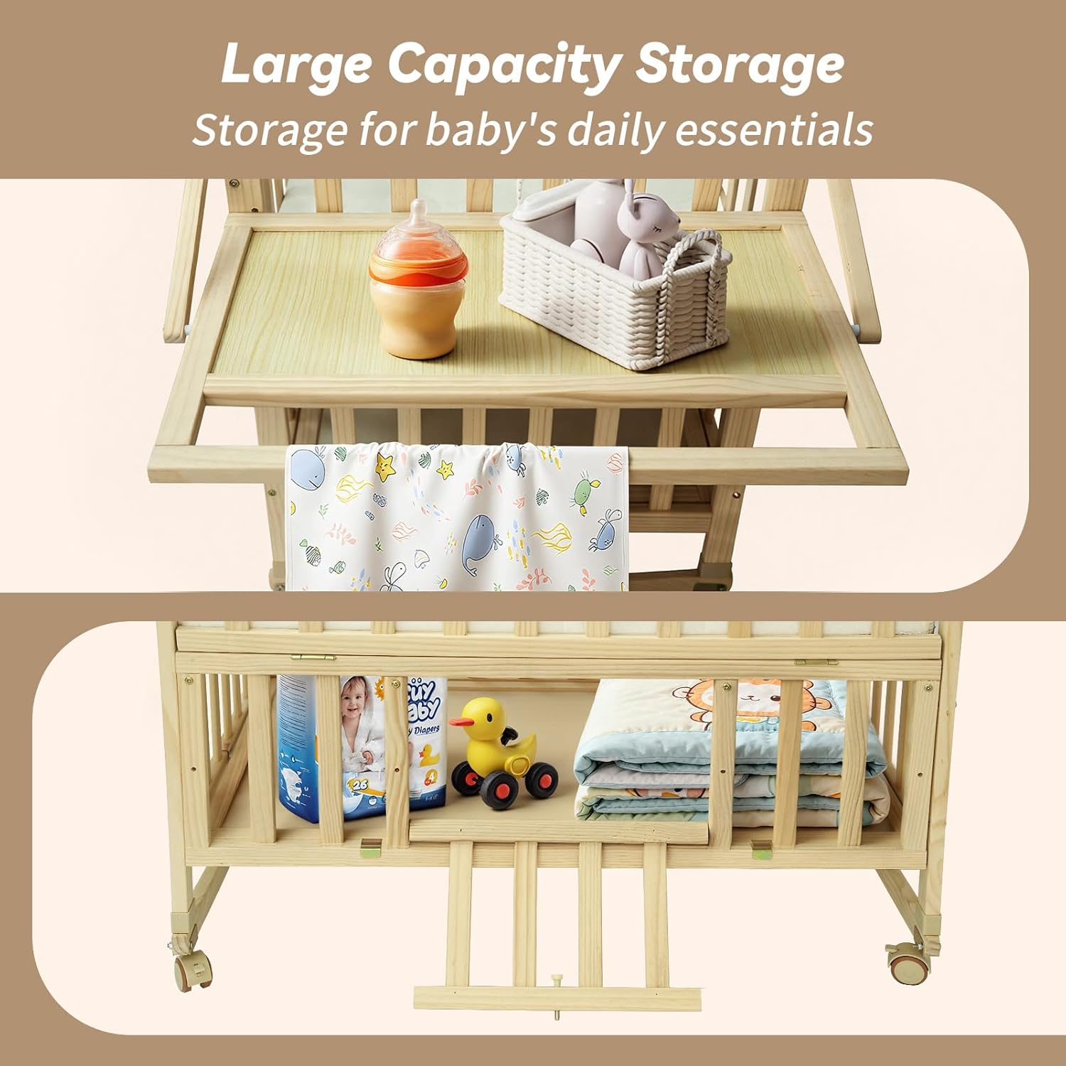 Portable Mini Baby Crib - Cunas para Bebes with Changing Shelf and Mattress Included,2025 Wheeled Wood Baby Bassinet,Bassinet Bedside Co Sleeper for Small Room,Unpainted