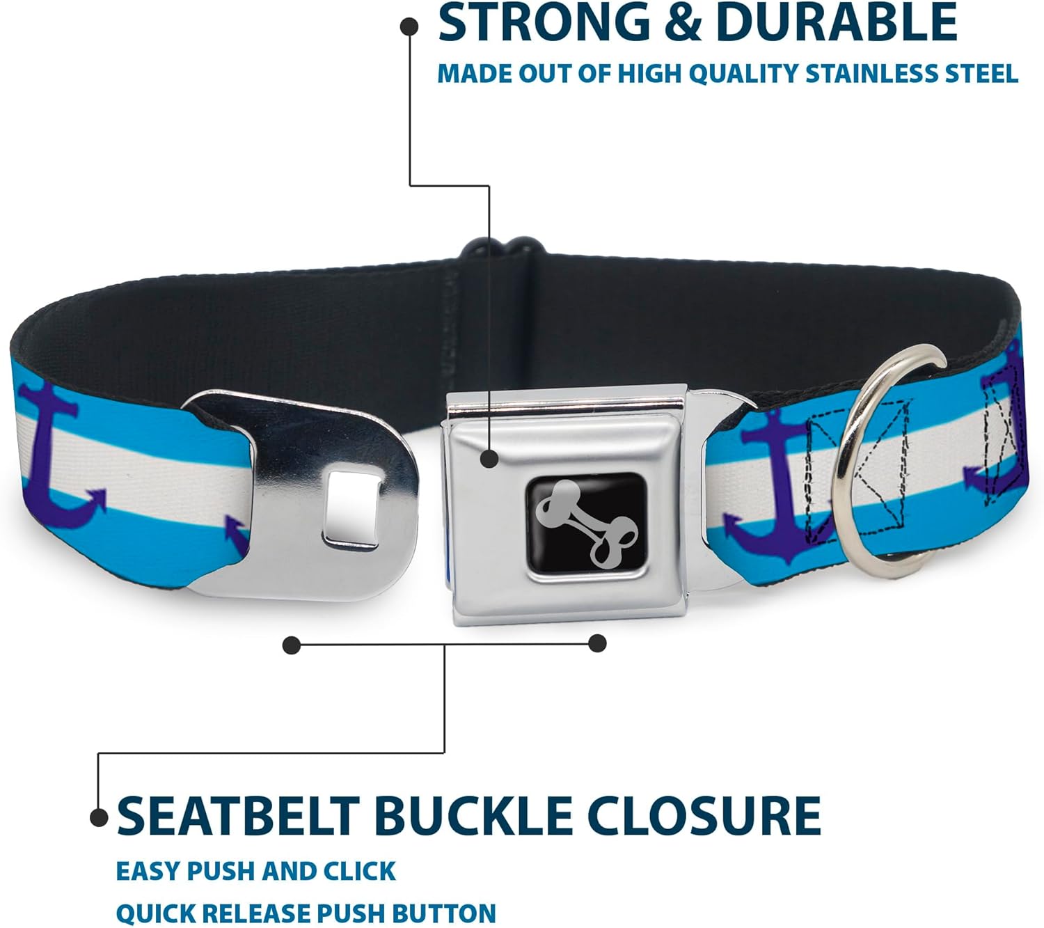 Dog Collar Seatbelt Buckle Anchor Stripe Blues White 11 to 17 Inches 1.0 Inch Wide