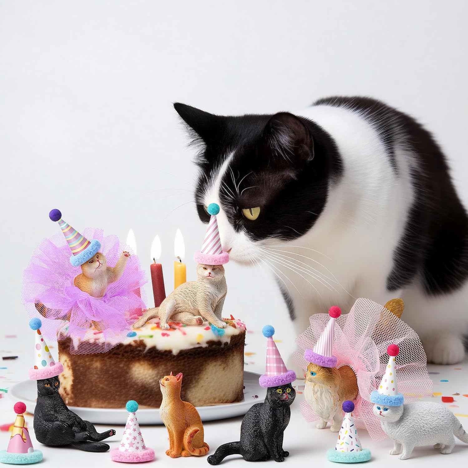 Weysat 27 Pcs Cat Cake Topper Animals Figures Birthday Party Decorations with Mini Birthday Hat with Pom Poms Animals Cupcake Toppers Decoration with Mini Skirt for Themed Party