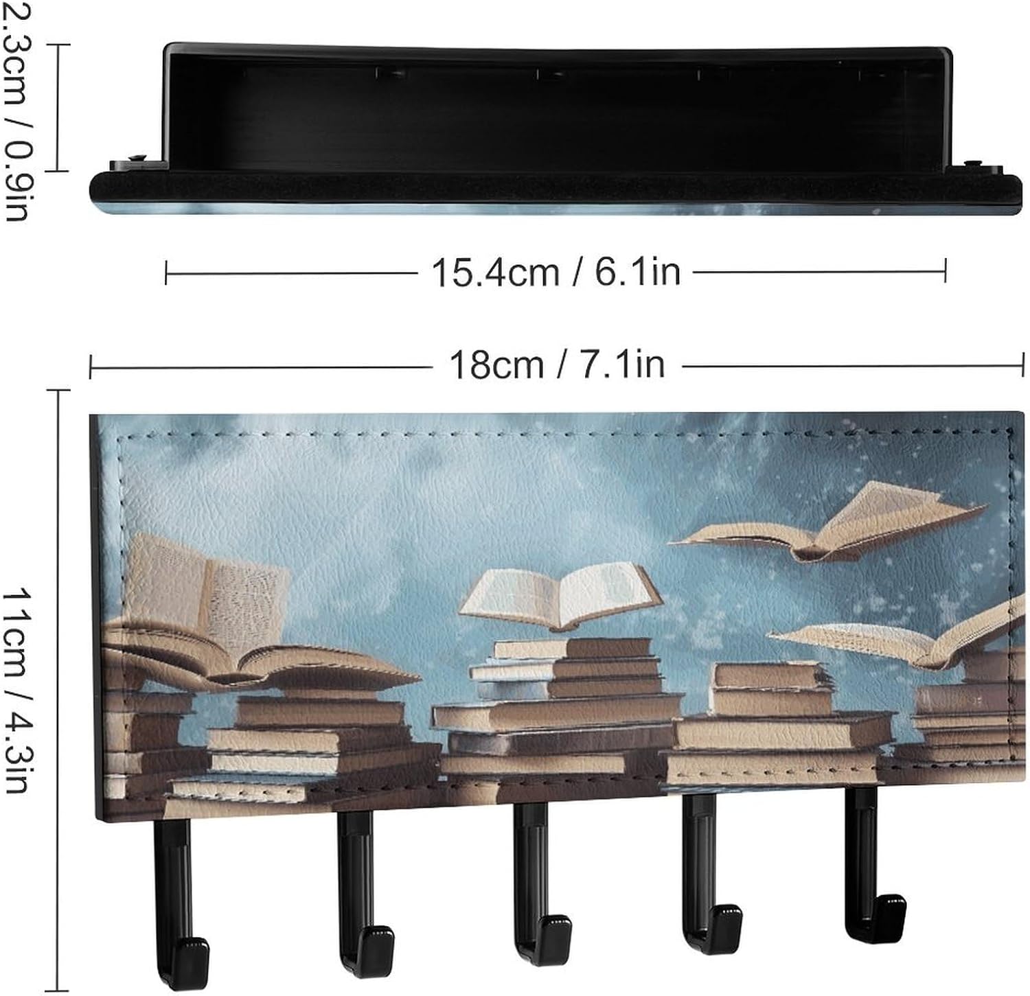 PU Leather Key Holder Wall Mount Key Organizer, Decorative Adhesive Key Rack with 5 Key Hooks, Fashion Books in The Sky Key Hanger Decor for Entryway Door Bathroom Kitchen Hallway