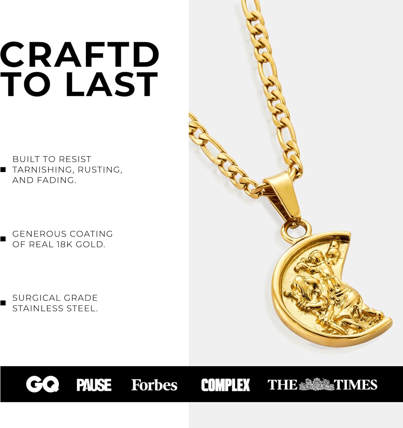 CRAFTD - St. Christopher Pendant Necklace - 20.5" Gold Chain Link with 20MM x 20MM Pendant - Waterproof, Heat & Sweat Resistant - Gifts for Men - Men's Jewelry - Image 4