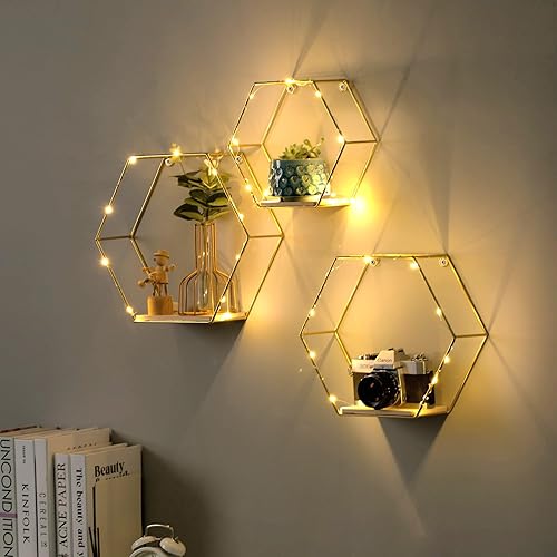 Gold Metal Wire and Wooden Hexagon Floating Shelves Wall Decor, Decorations for Home Shop Bedroom Living Room Bathroom, Set of 3 with LED Lights disponible en Yaxa Peru