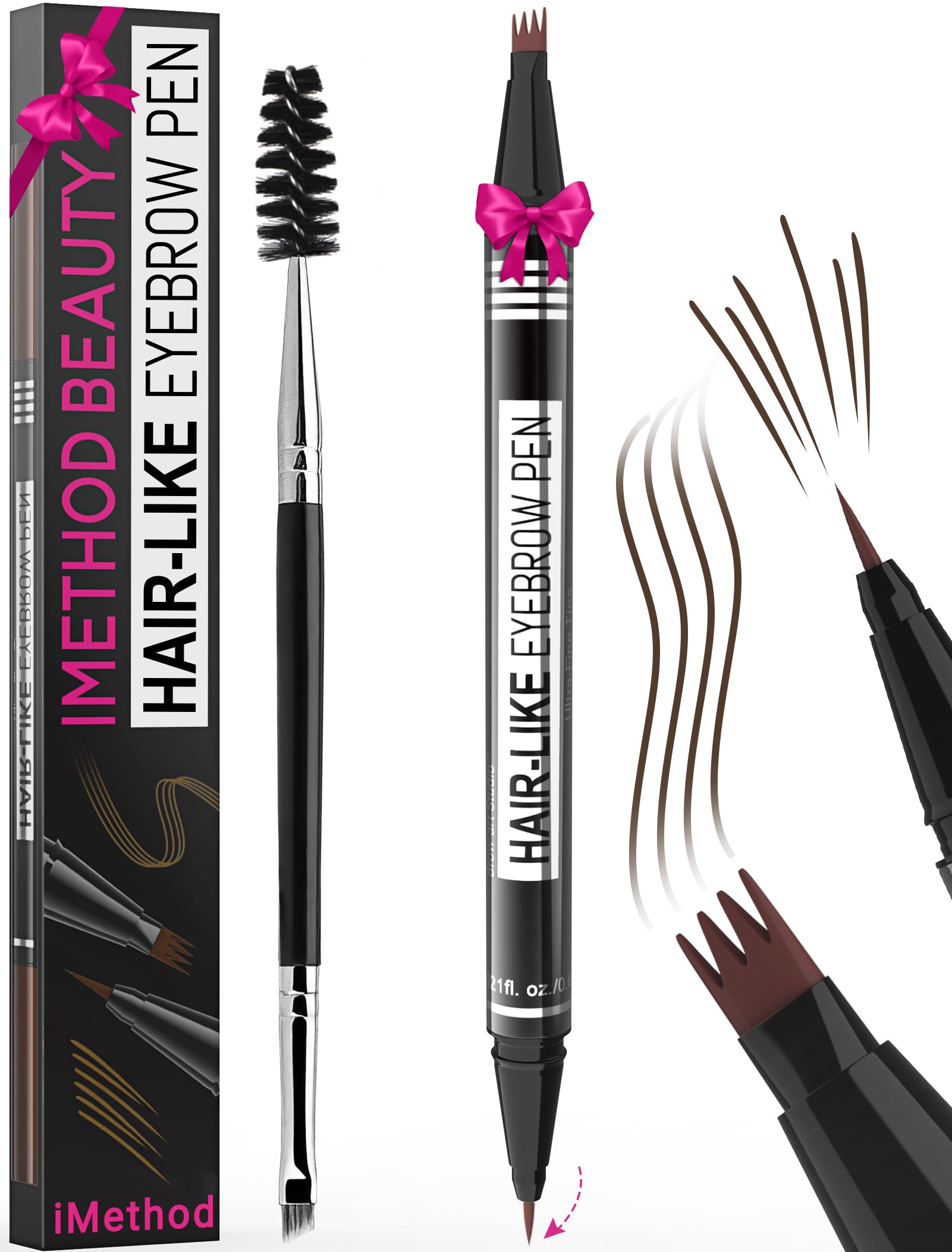 iMethodEyebrow Pen - Eyebrow Pencil Magical 2-in-1 Eye Brow Pencils for Women with 4-Fork-Tip & Precise Brush-Tip for Natural Hair-Like Brows, Last All-Day, with Eyebrow Spoolie Brush, Dark Brown