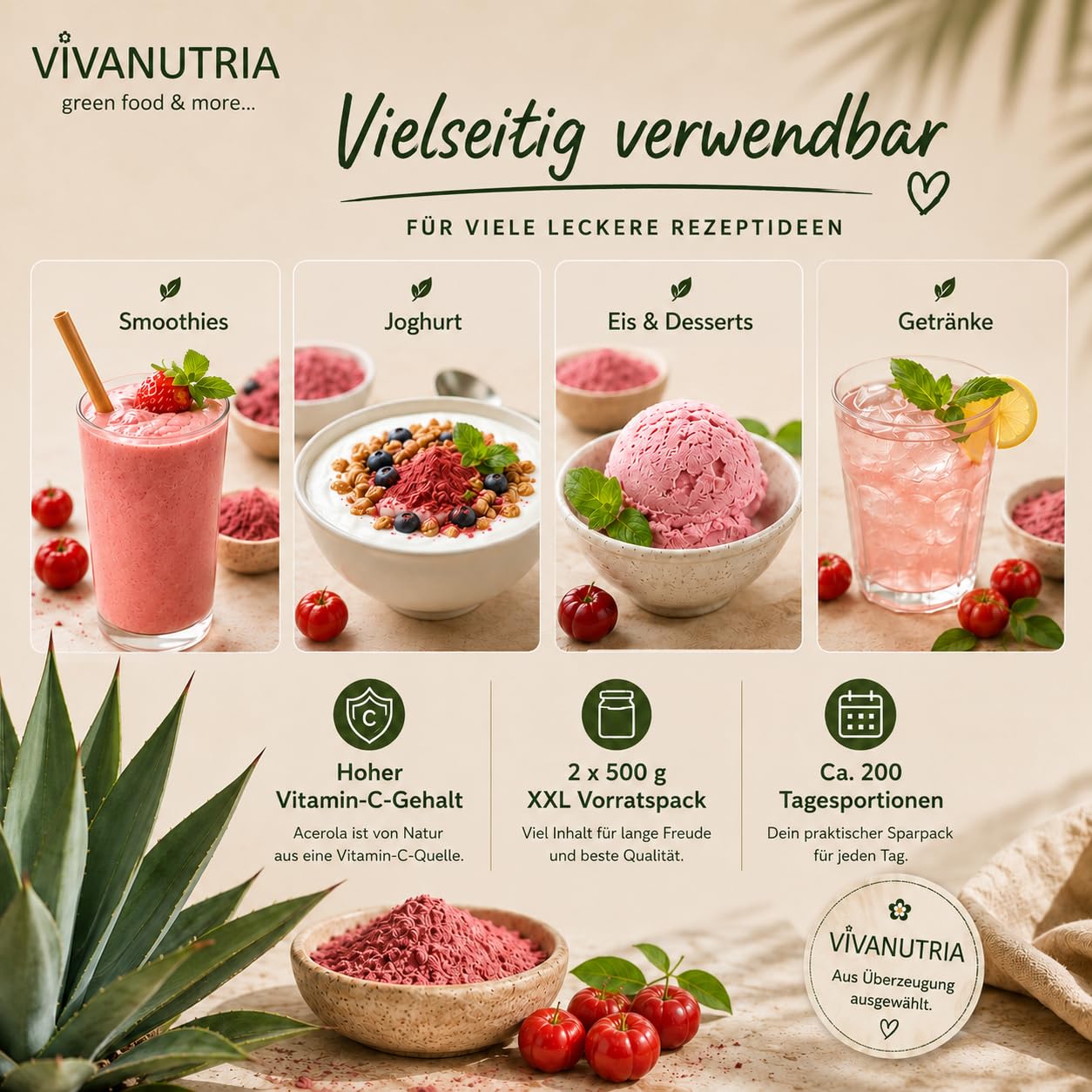 VivaNutria Acerola Pulver I natürliches Vitamin C Pulver als Acerola Frucht-Pulver für Smoothies/als Müsli-Topping I Acerola Kirsche aus kontrolliertem Anbau, laborgeprüft I vegan (1000 g)